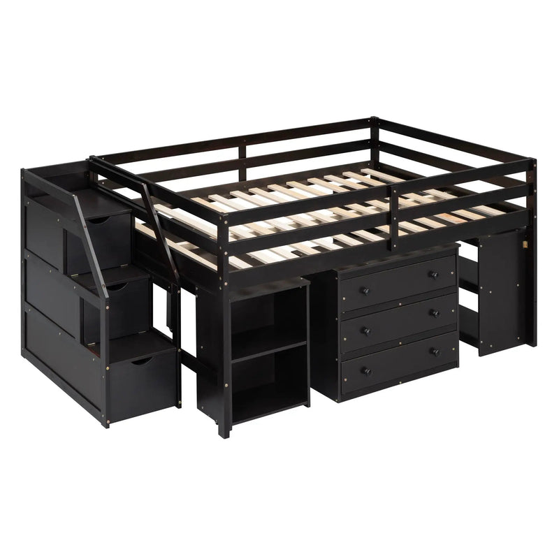 Loft Bed With Retractable Writing Desk And 3 Drawers With Storage Stairs And Shelves by Unique Piece Furniture