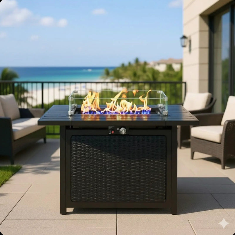 Outdoor 2 In 1 Propane Fire Pit Table With Lid & Glass Shield, Rectangular Fire Table, Lava Rock & Cover - Black by HouseOfZazla