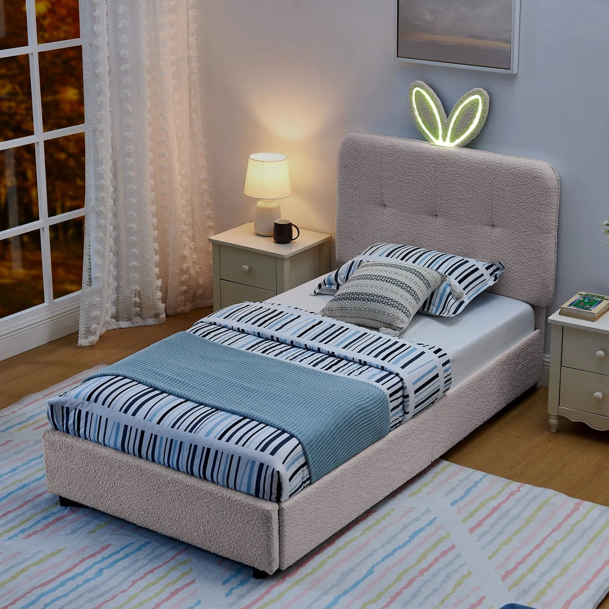 Twin Size Kids Upholstered Bed with Oversized Rabbit Ear Headboard by HouseOfZazla