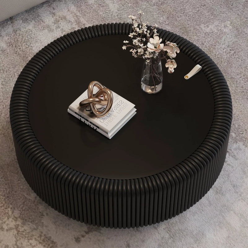 Black Round Fluted Coffee Table with Tempered Glass Top by HouseOfZazla