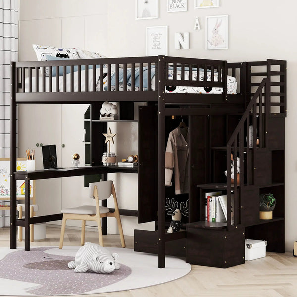 Loft Bed With Bookshelf, Drawers, Desk, And Wardrobe