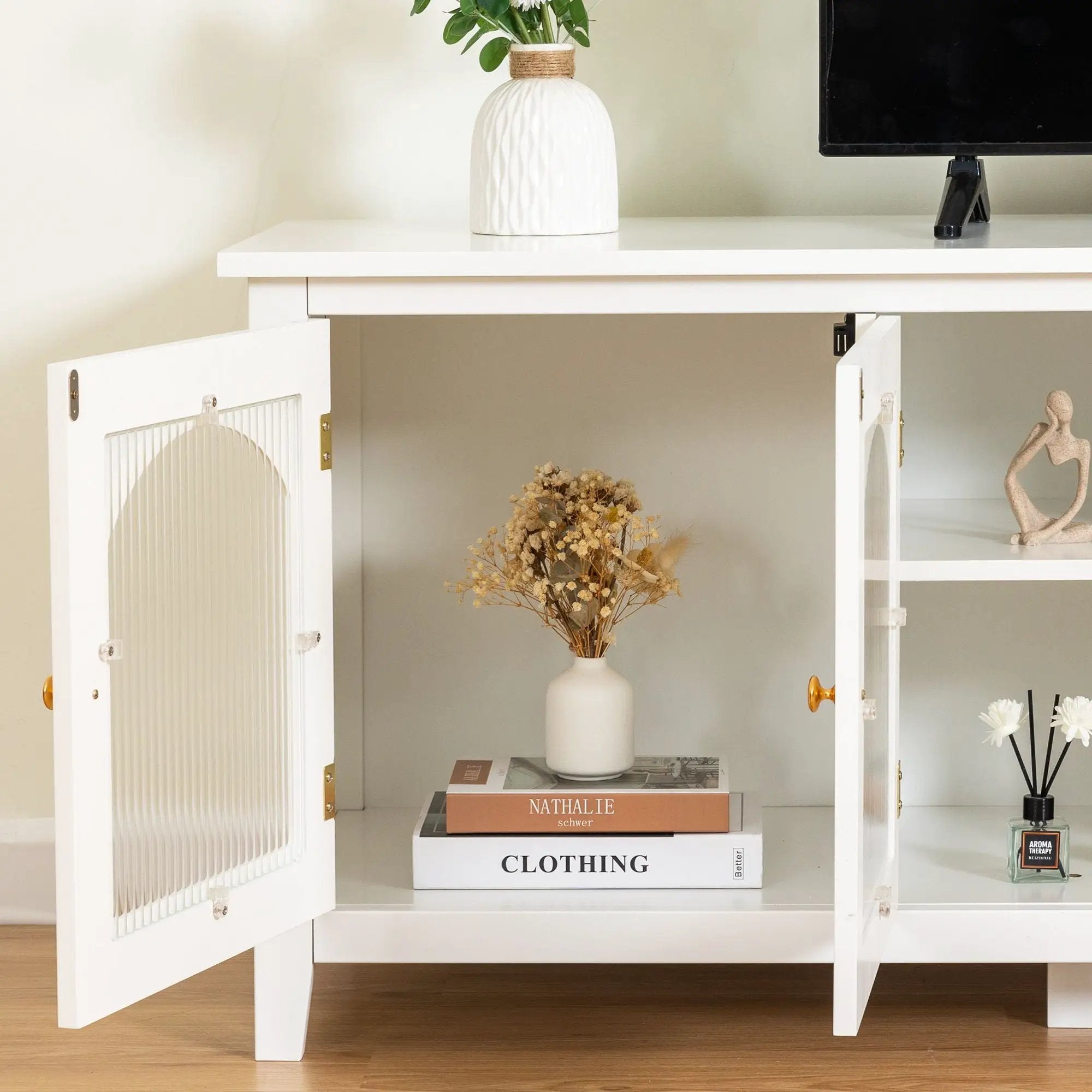 StylishTVcabinet Entertainment CenterTV Stand, TVconsoletable, Media Console, Solidwood Frame, Changhong Glass Door, Metal Handle by HouseOfZazla