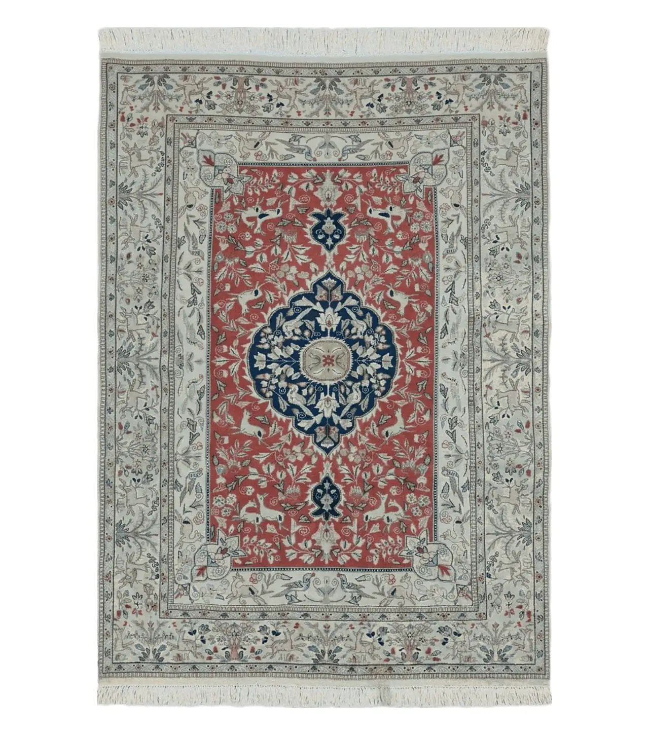 6' X 9' Vintage Handmade India Oriental Floral Wool Rug Hunting Bird Deer Nice by Jewel Rugs