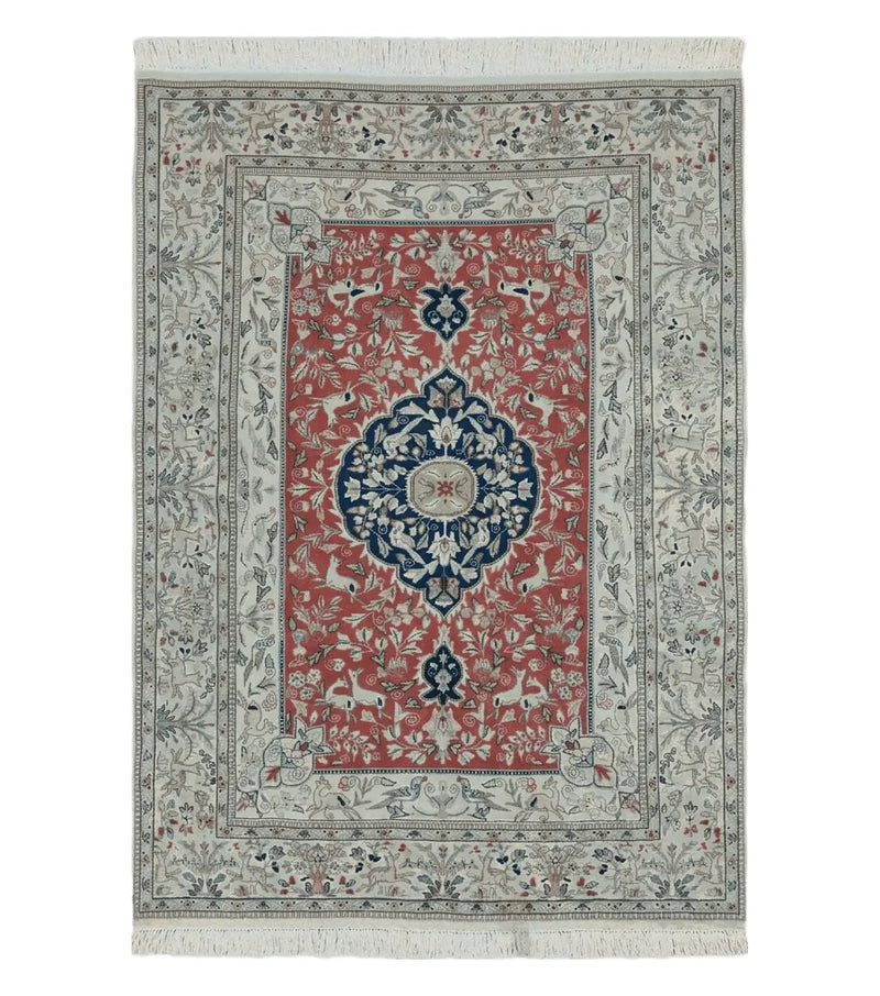 6' X 9' Vintage Handmade India Oriental Floral Wool Rug Hunting Bird Deer Nice by Jewel Rugs