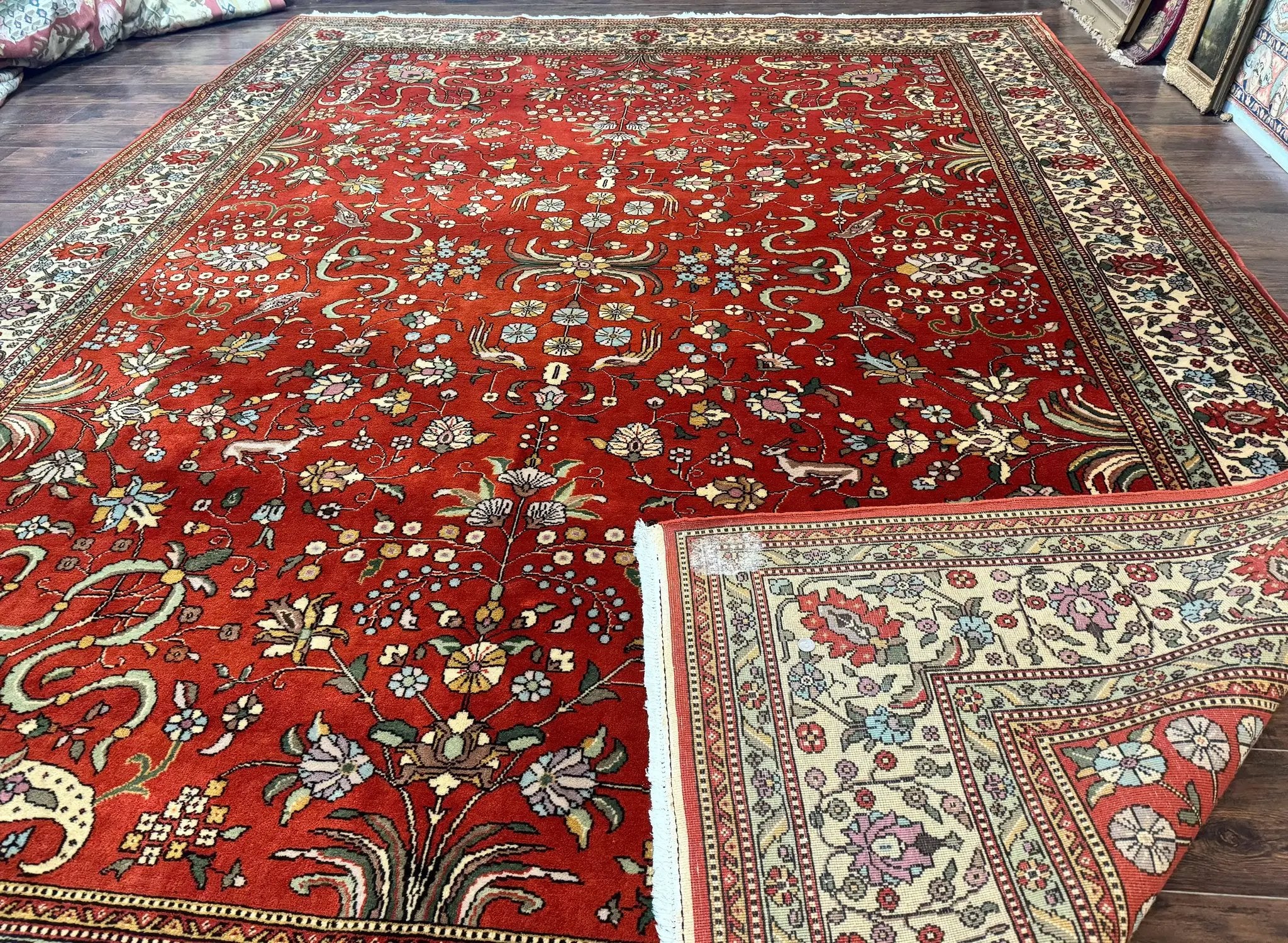 Romanian Rug 10x13, Vintage Handmade Wool Carpet, Floral Pattern, Birds, Red and Cream, Signed By Masterweaver, Persian Rug by Jewel Rugs