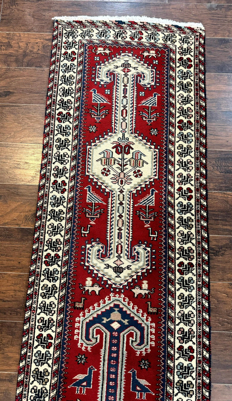 Indo Persian Runner Rug 2.6 x 12, Heriz Geometric Caucasian Design, Animal Pictorials, Tribal Runner Rug, Vintage Handmade Wool Red by Jewel Rugs