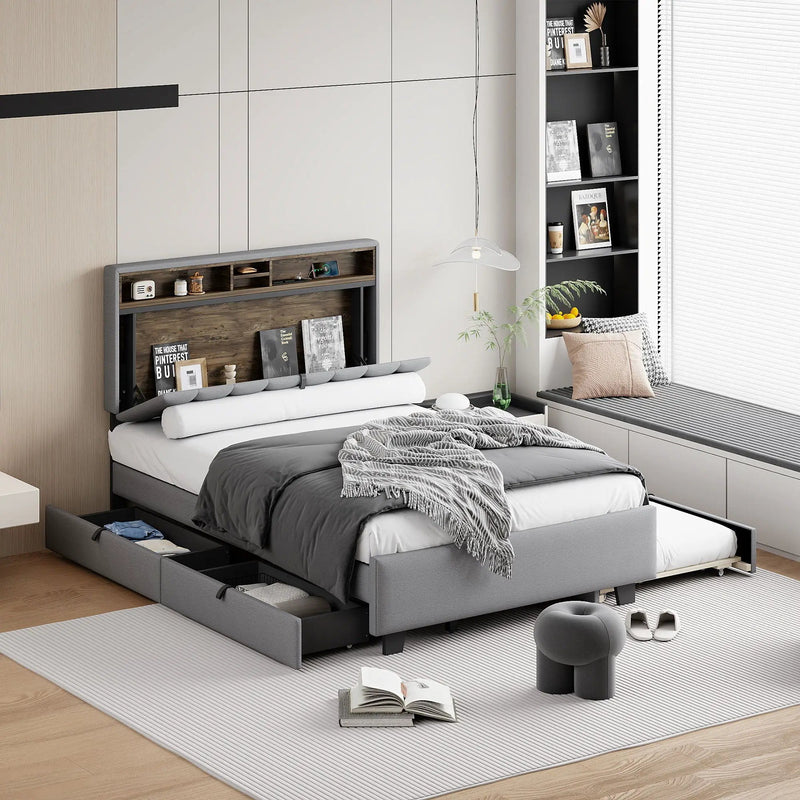 Upholstered Platform Bed With Storage Headboard, Trundle & 2 Drawers And A Set Of Sockets & USB Ports by Unique Piece Furniture
