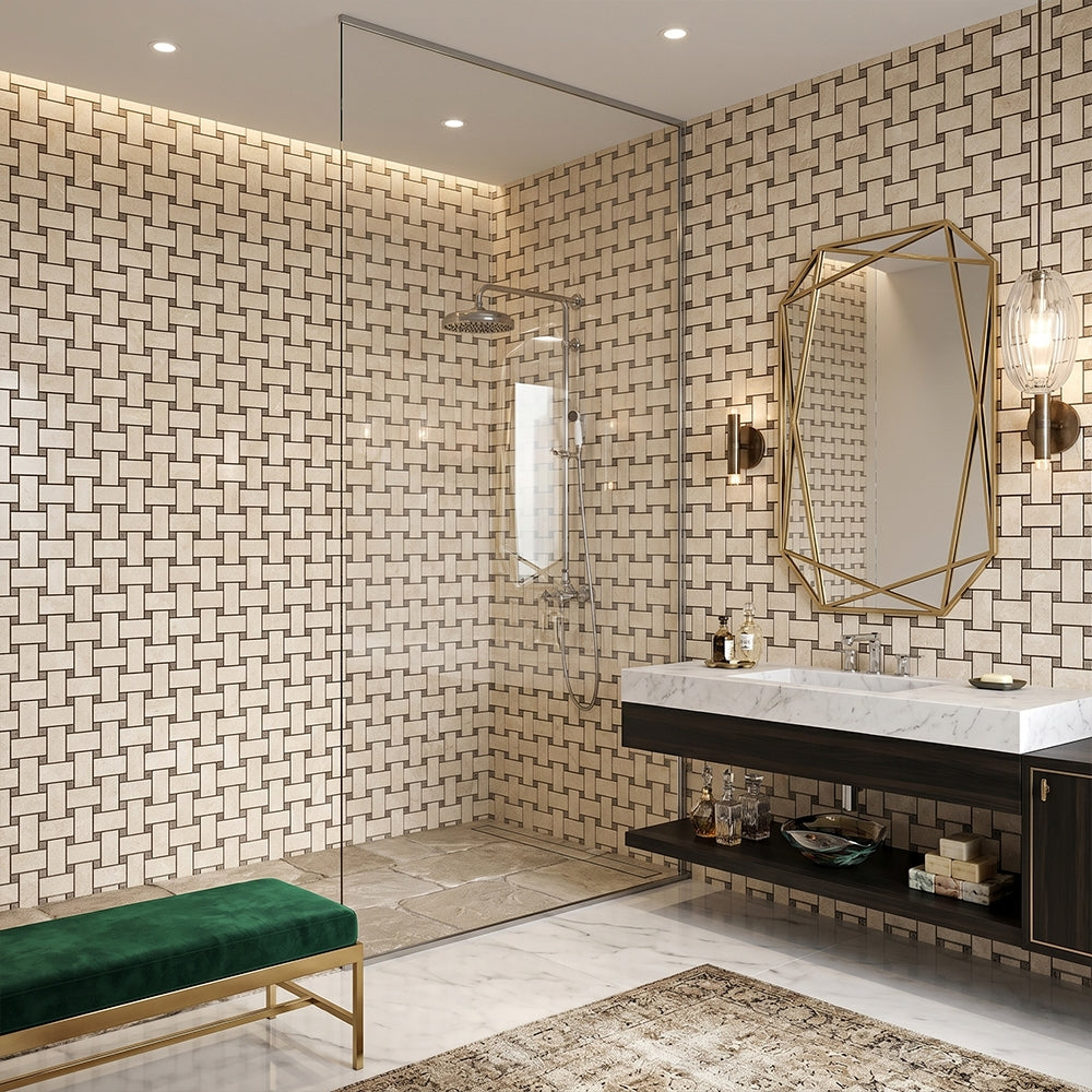 Delicate Beige Polished Basket Weave Marble Mosaics 12x12 Marble Polished 12x12 Mosaics — 2