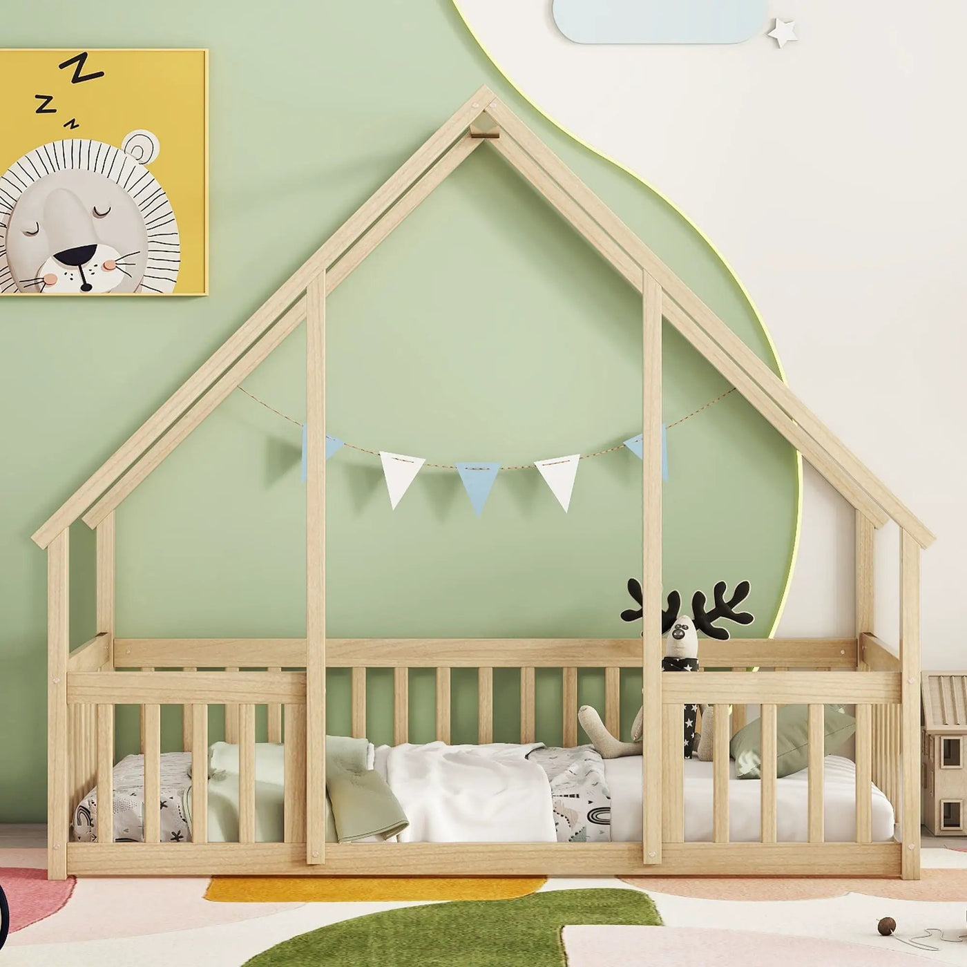 Wood House-Shaped Floor Bed With Fence, Guardrails by HouseOfZazla