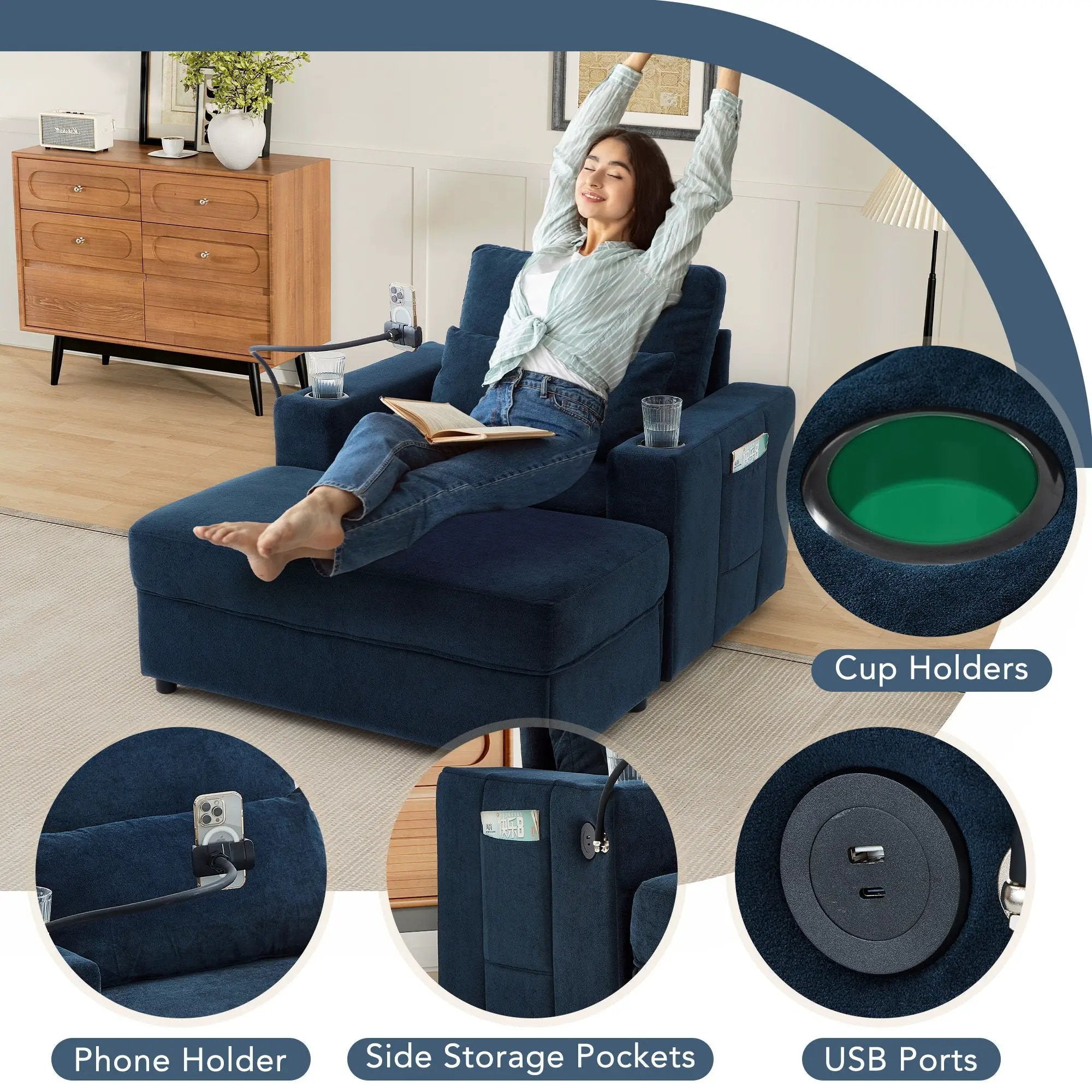 Modern Style Armchair Chaise Lounge Sofa Couch With Movable Storage Ottoman, USB Ports, Cup Holders, Phone Holder, Side Pockets by Unique Piece Furniture