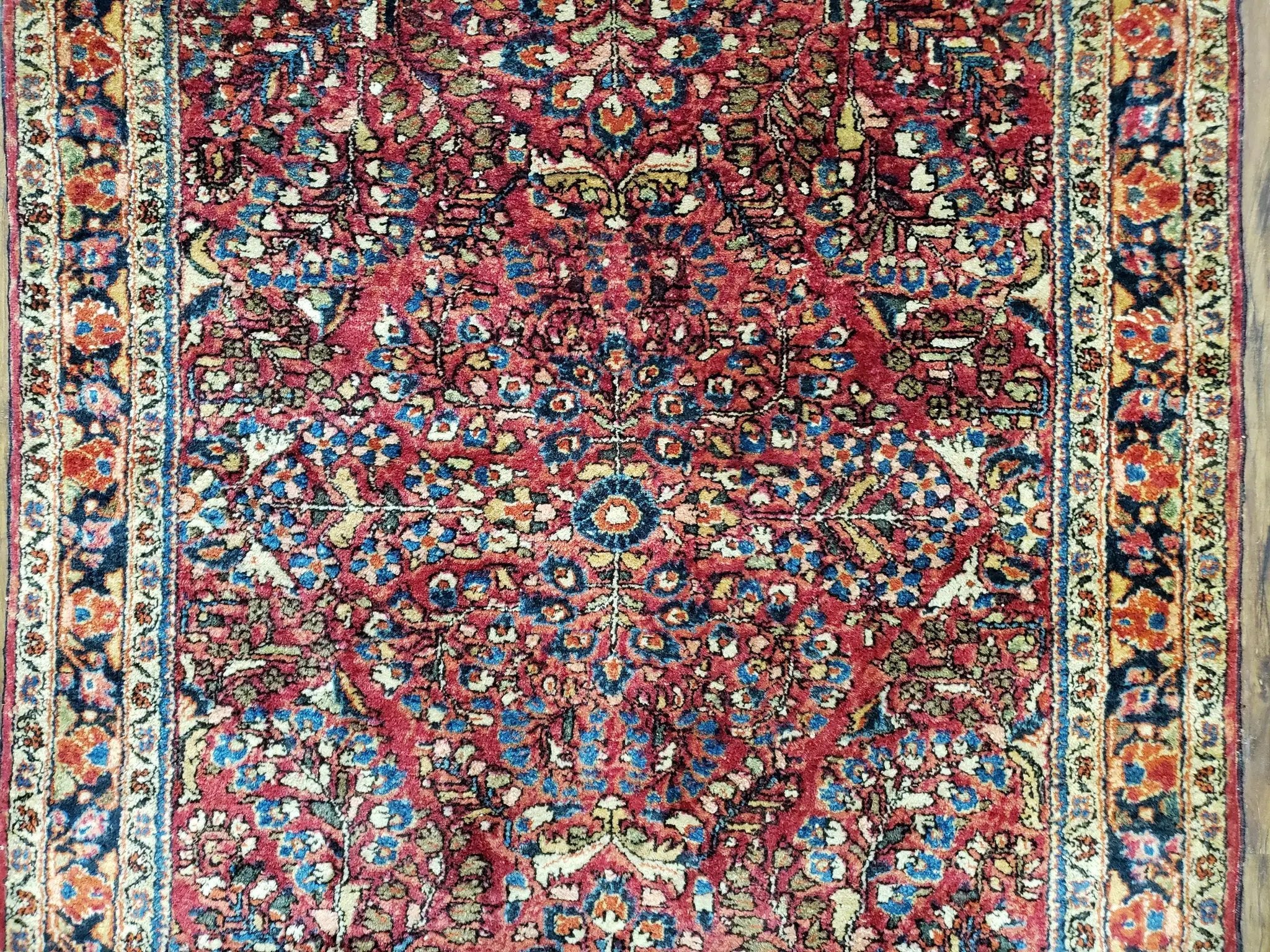 Antique Persian Sarouk Rug, Red, Allover Floral Pattern, Hand-Knotted, Wool, 3'4" x 4'10" by Jewel Rugs