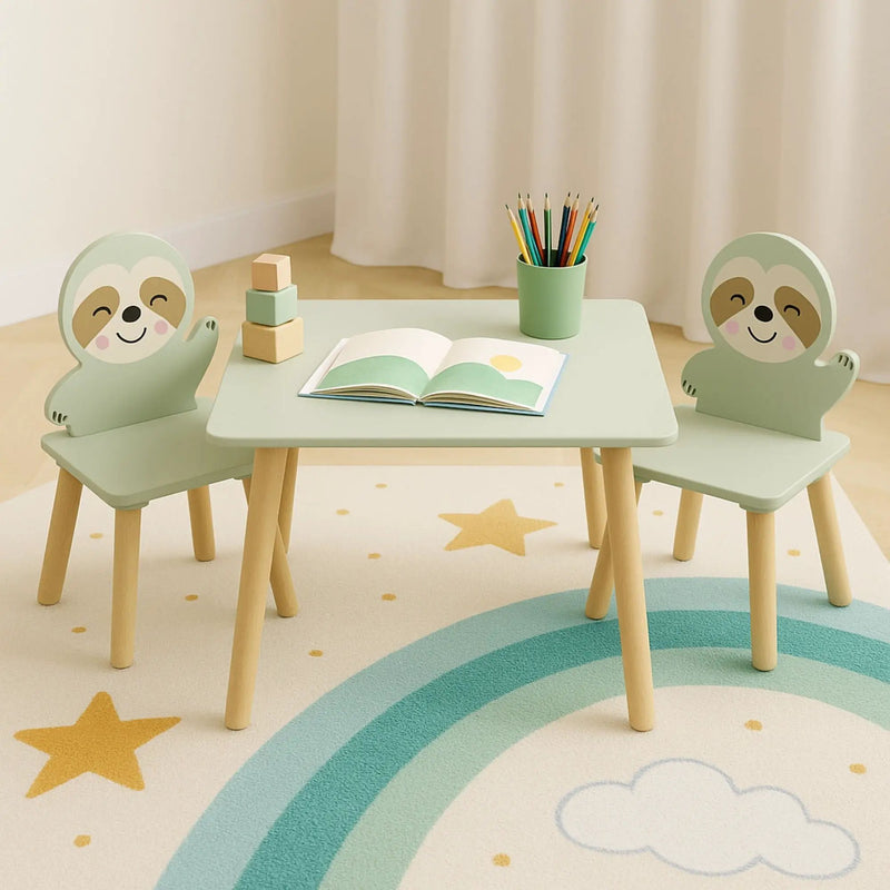 Sloth Themed Table And Chair Set With 2 Cute Animal Chairs - Natural Wood / Sage Green by Unique Piece Furniture