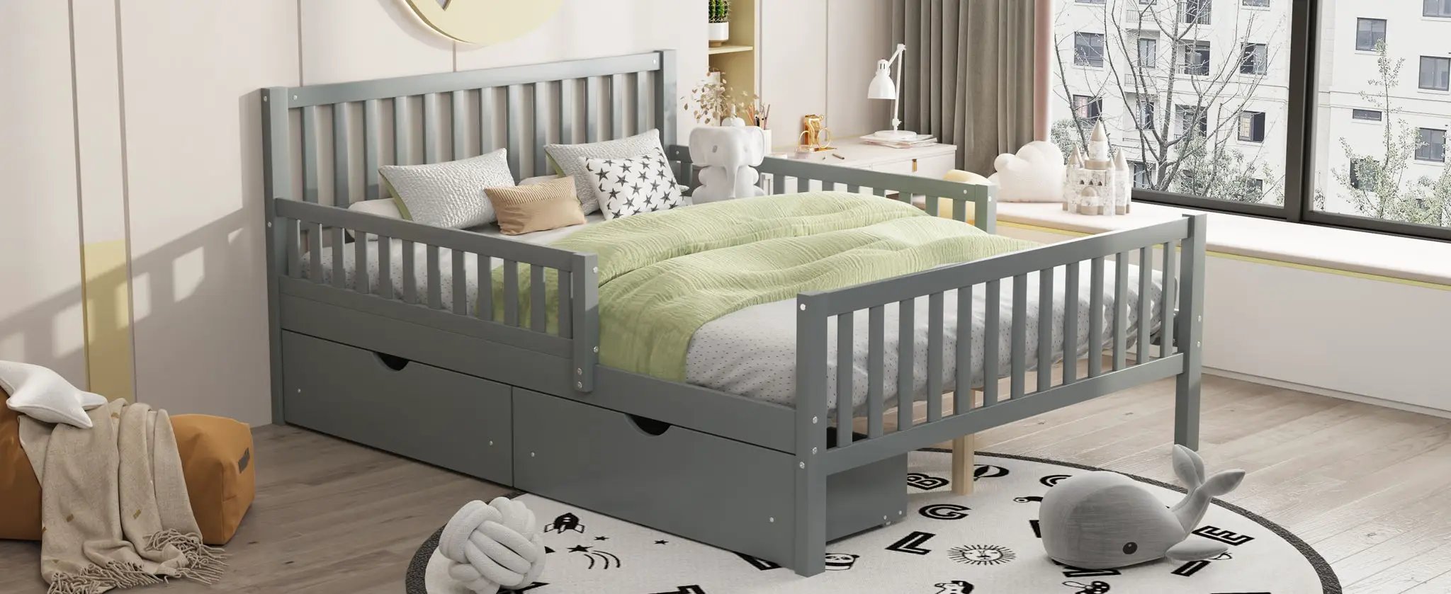 Platform Bed With Guardrails On Both Sides And 2 Storage Drawers by HouseOfZazla