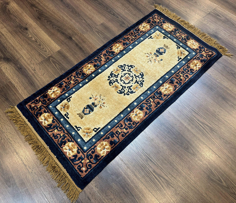 Silk Chinese Rug 2x4, Peking Carpet, Golden-Beige and Blue, Hand Knotted, Simple Design by Jewel Rugs