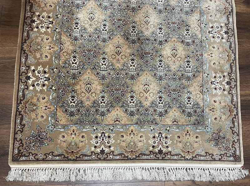 Super Fine Persian Isfahan Rug 3x5 ft, Kork Wool on Silk Foundation, Repeated Floral Motif, Taupe Tan Hand Knotted Oriental Carpet 3 x 5 ft, Signed by Jewel Rugs