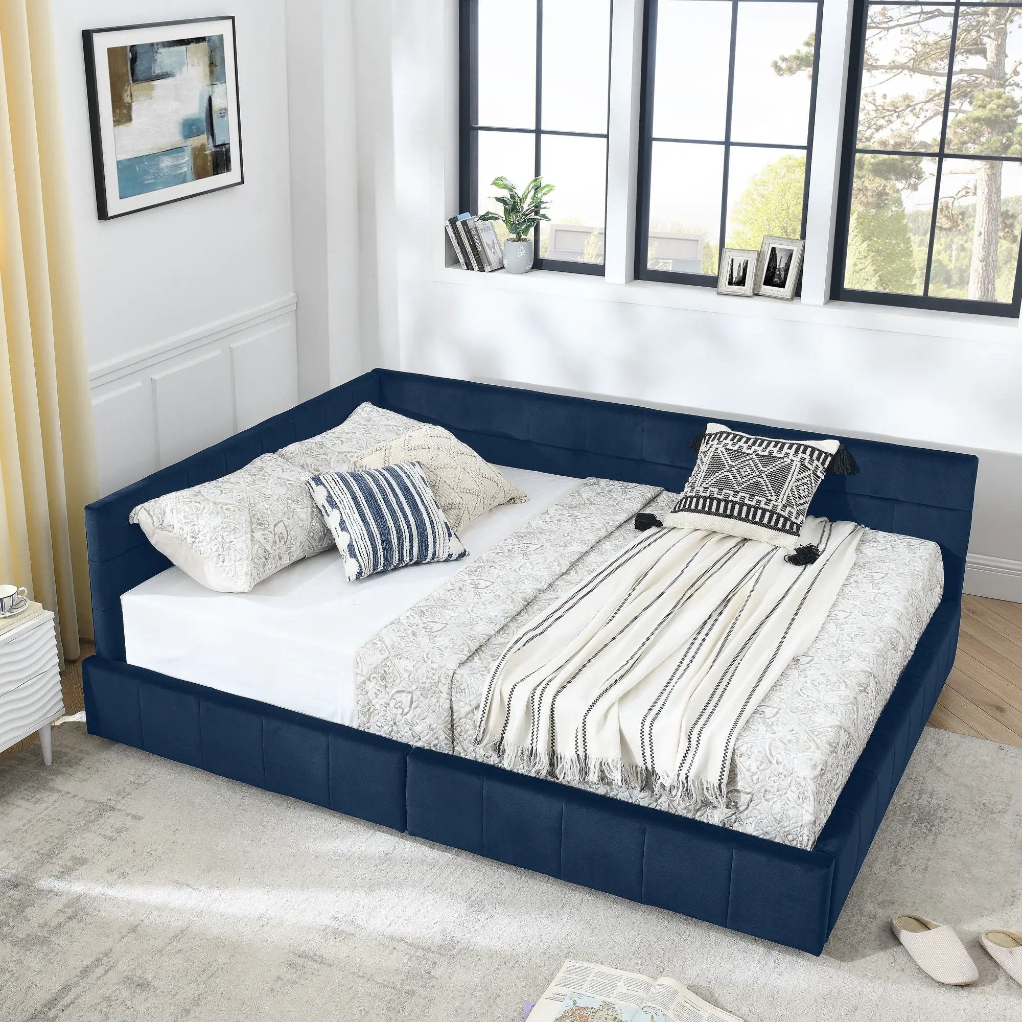 Upholstered Bed Frame With Tufted Backrest And Armrests