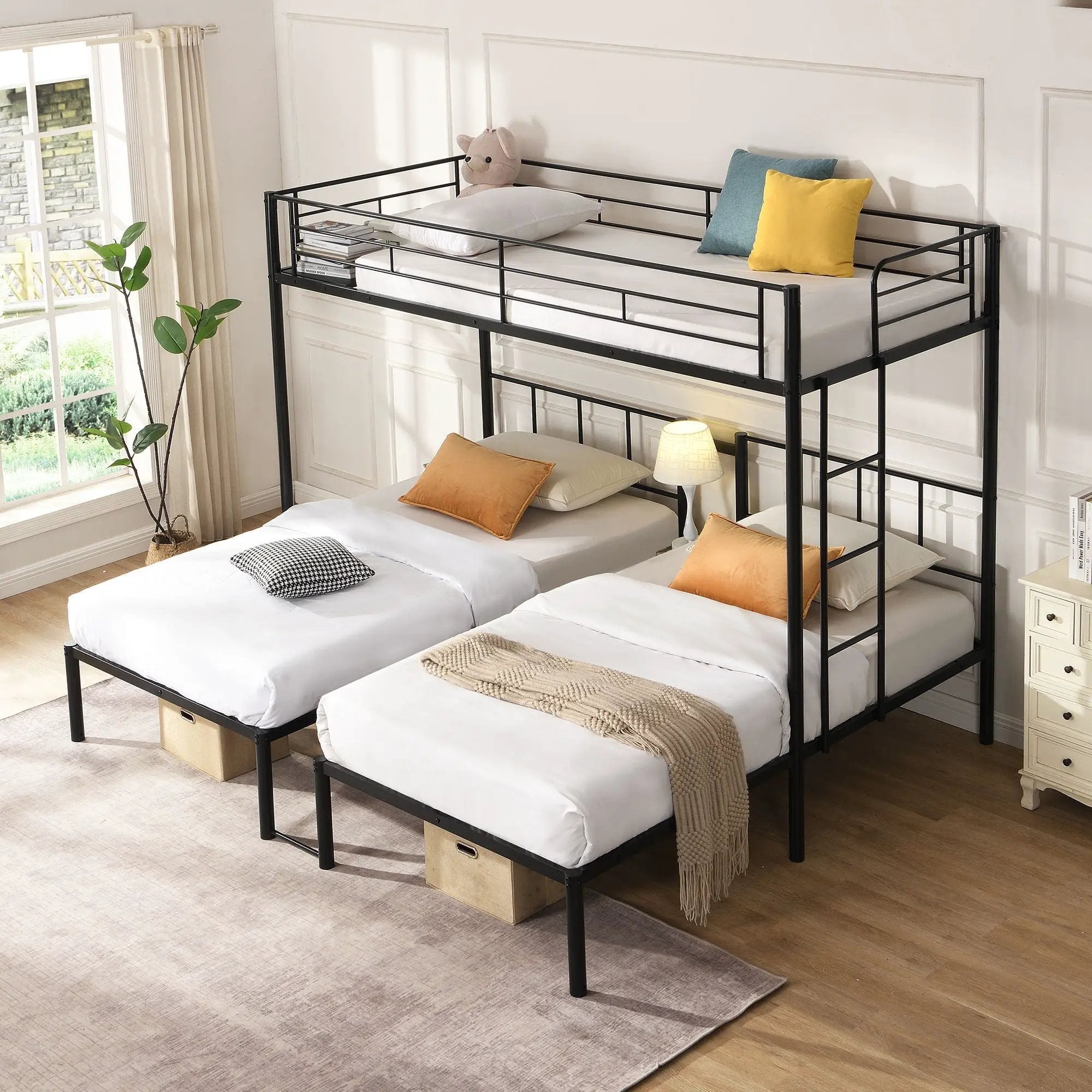 Twin Over Twin Over Twin Triple Bunk Bed With Safety Rails And Storage Shelf - Black by Unique Piece Furniture