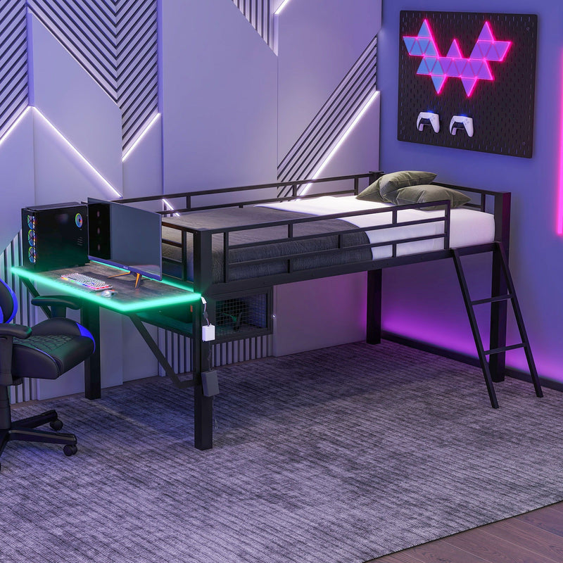 Gaming - Twin Loft Bed With Desk And LED - Black by HouseOfZazla