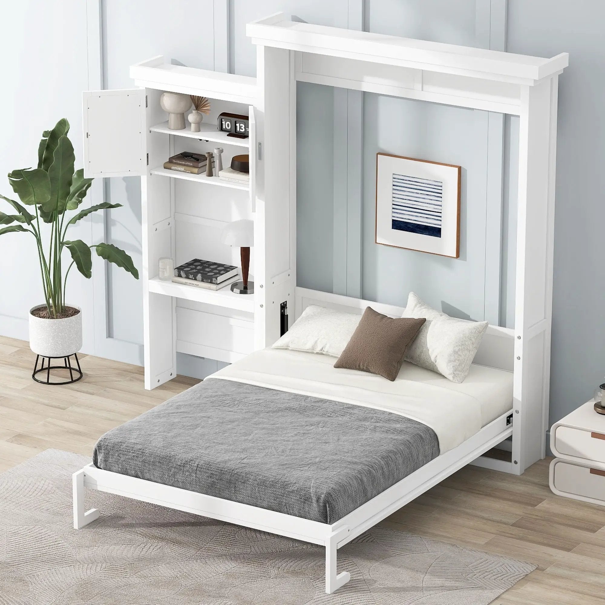 Queen Size Murphy Bed With Louvered Design And Multiple Storage Shelves - White by Unique Piece Furniture
