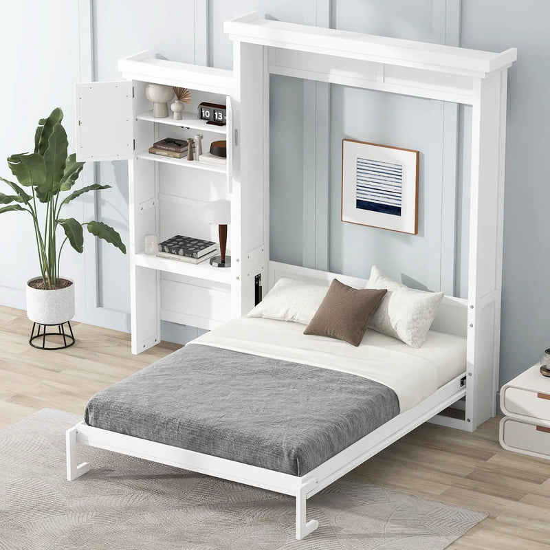 Queen Size Murphy Bed With Louvered Design And Multiple Storage Shelves - White by HouseOfZazla