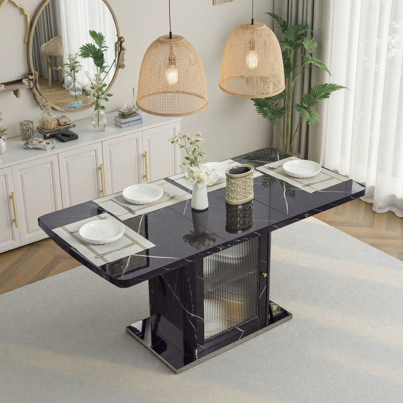 Modern Rectangle Dining Table With Stretchable Top, Storage Cabinet by Unique Piece Furniture