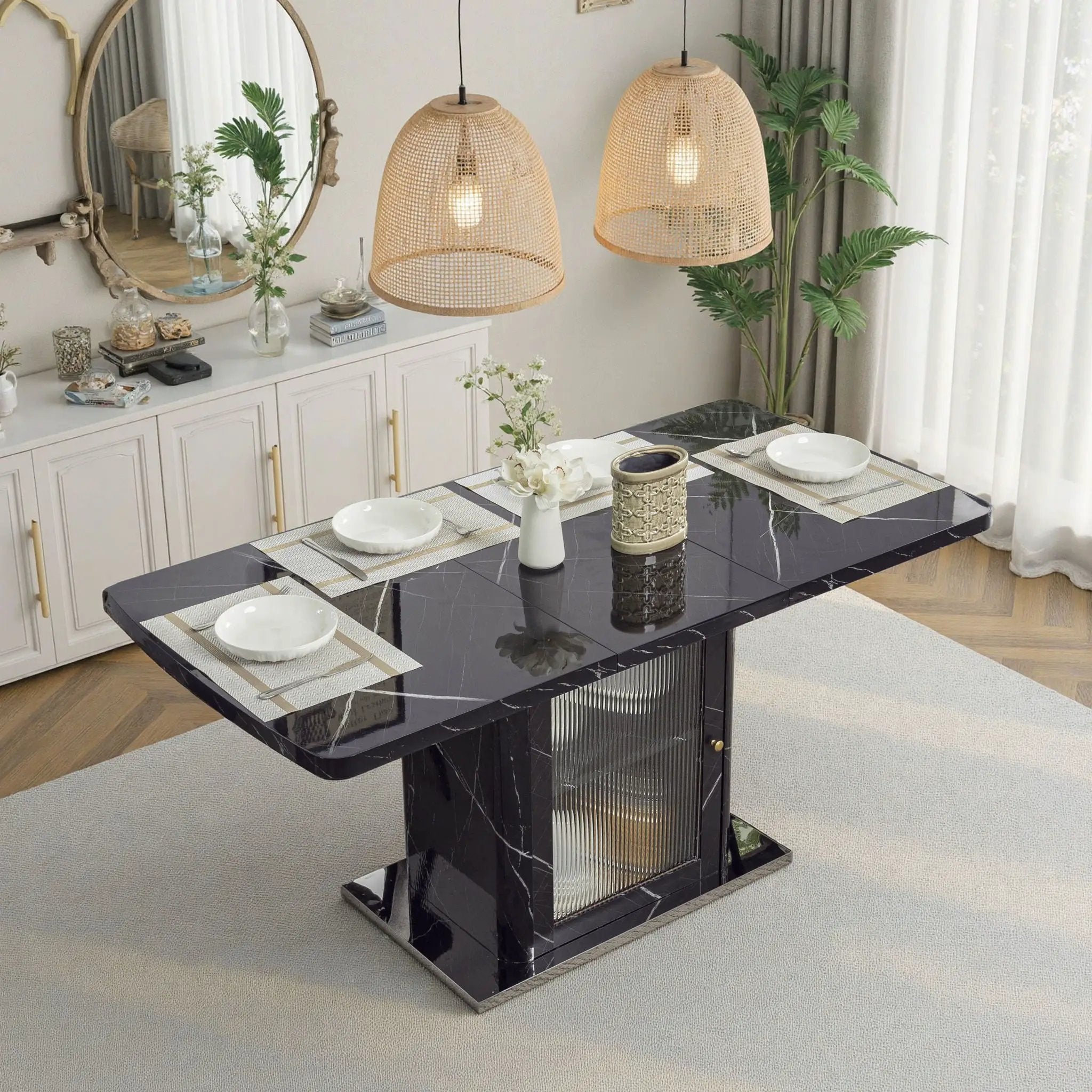 Modern Rectangle Dining Table With Stretchable Top, Storage Cabinet by Unique Piece Furniture