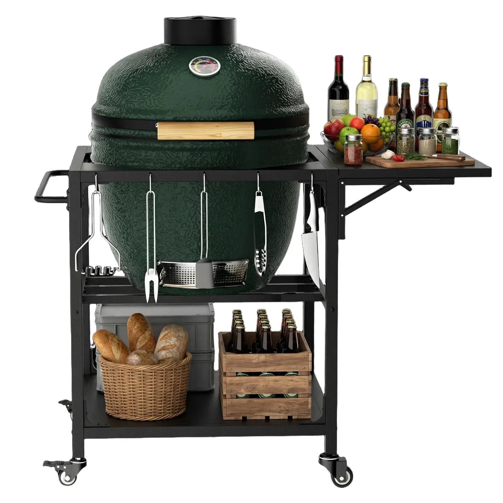 Outdoor Grill Table, Prep Cart With Wheels, Storage Shelf And Hooks - Black by HouseOfZazla