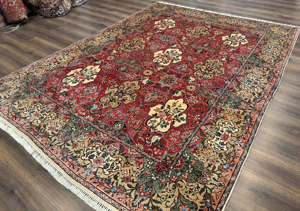 Antique Tabriz Persian Rug 7x10, Red Cream Tan, Unique Design, Fine 270 KPSI, Birds, Floral, photo 2 of 12
