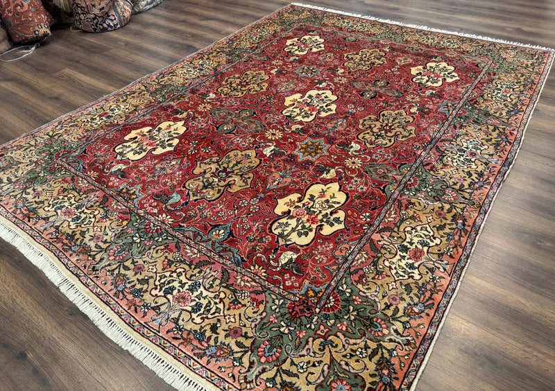 Antique Tabriz Persian Rug 7x10, Red Cream Tan, Unique Design, Fine 270 KPSI, Birds, Floral by Jewel Rugs