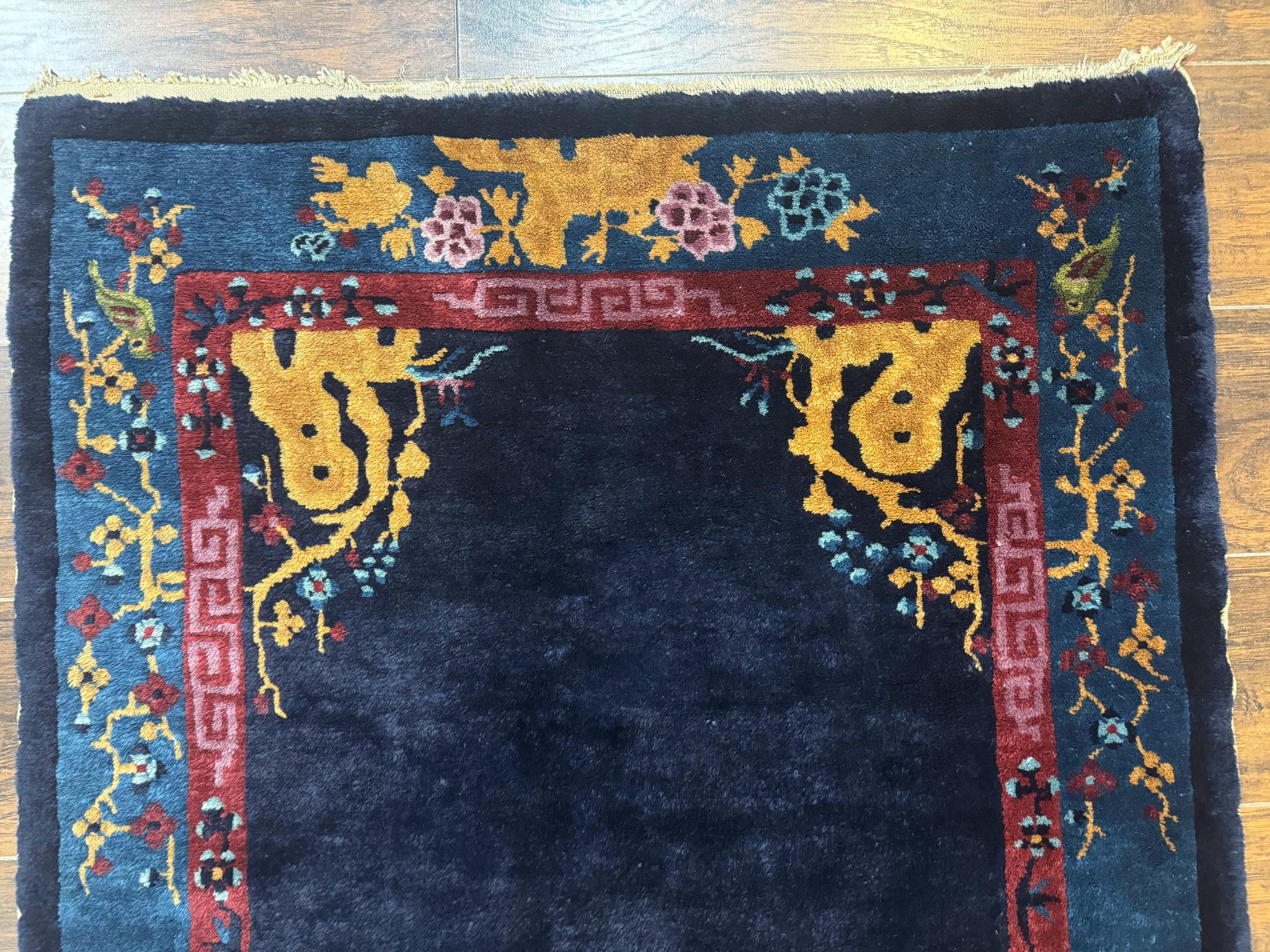Antique Chinese Peking Rug 3x6, Dark Blue, Bird Motif, Handmade Wool Art Deco Asian Oriental Carpet, Pair A by Jewel Rugs