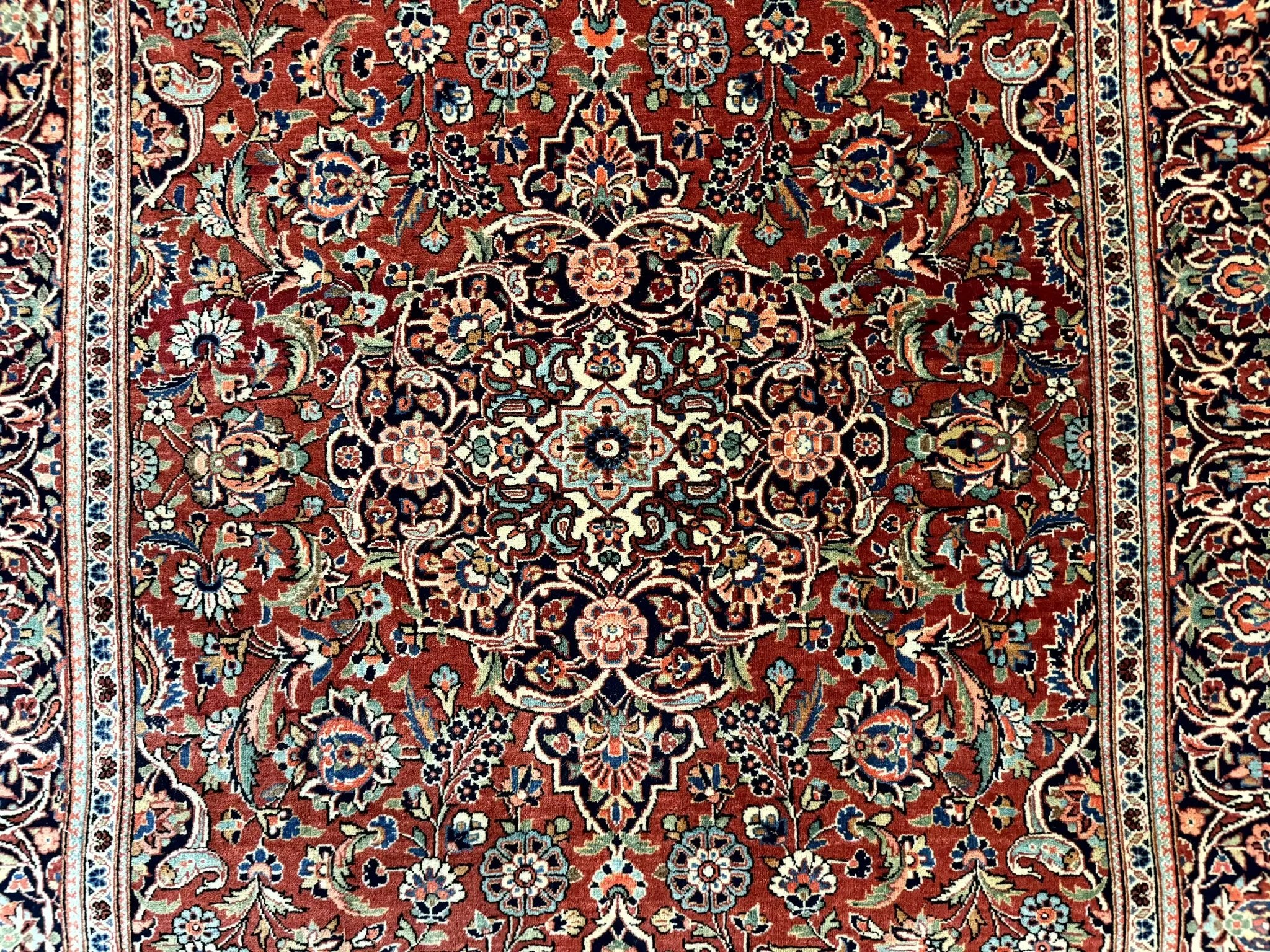 Persian Kashan Rug 4x7, Red and Navy Blue, Floral Antique Carpet by Jewel Rugs