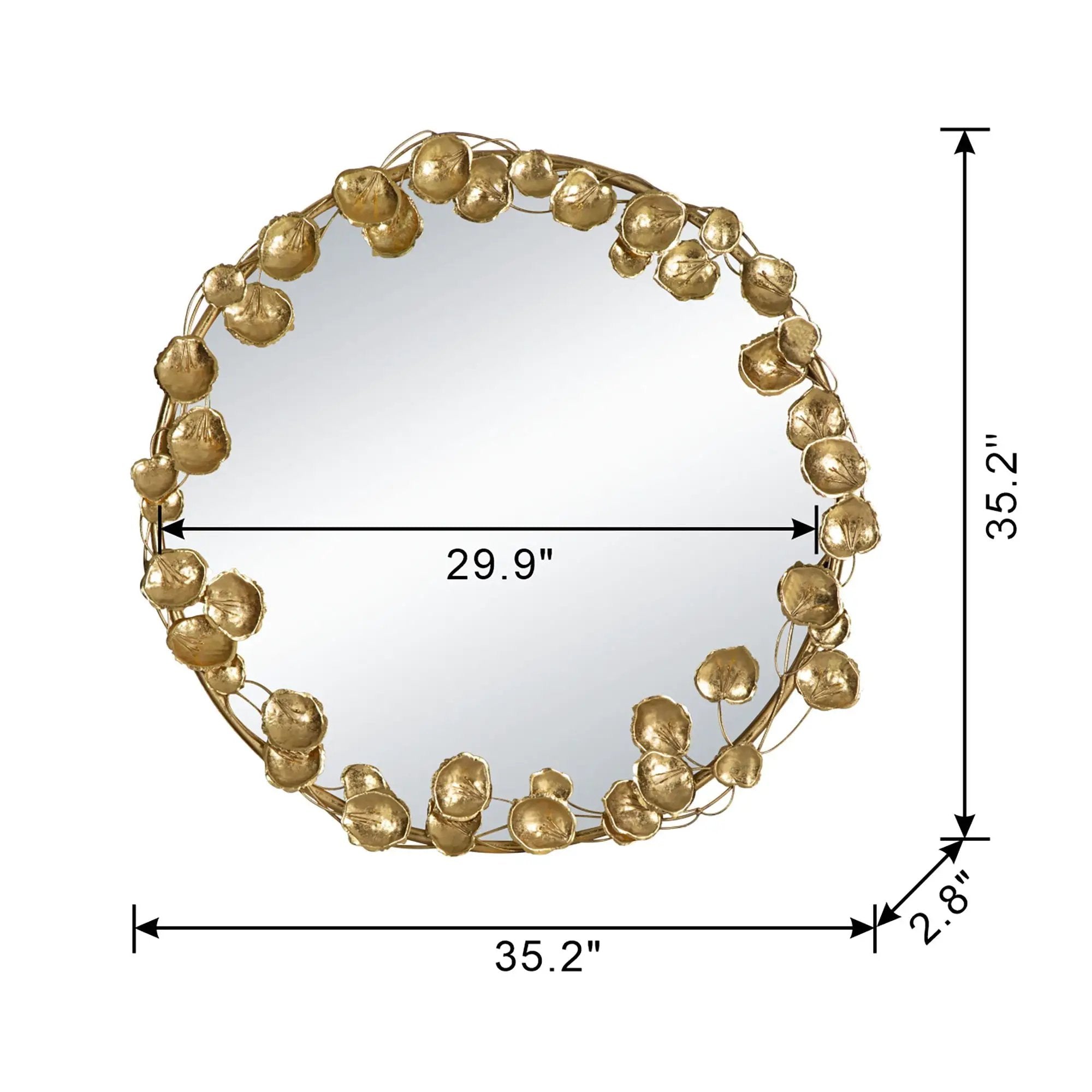 Round Metal Wall Mirror With en Leaf Accents, Modern Decor Mirror For Living Room Entryway Hallway - Gold by Unique Piece Furniture