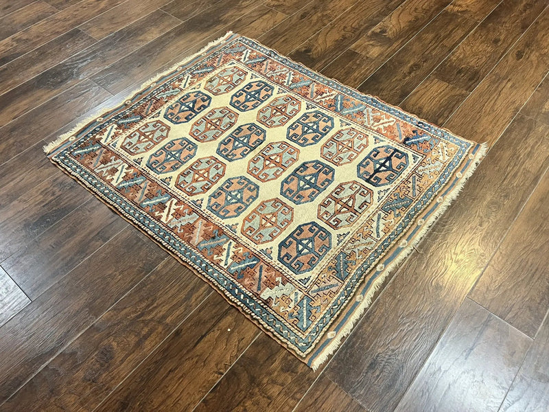 Turkish Kazak Rug 3x4, Wool Hand Knotted Handmade Vintage Carpet, Geometric Tribal Repeated Motif, Small 3 x 4 Antique Rug, Cream Red by Jewel Rugs