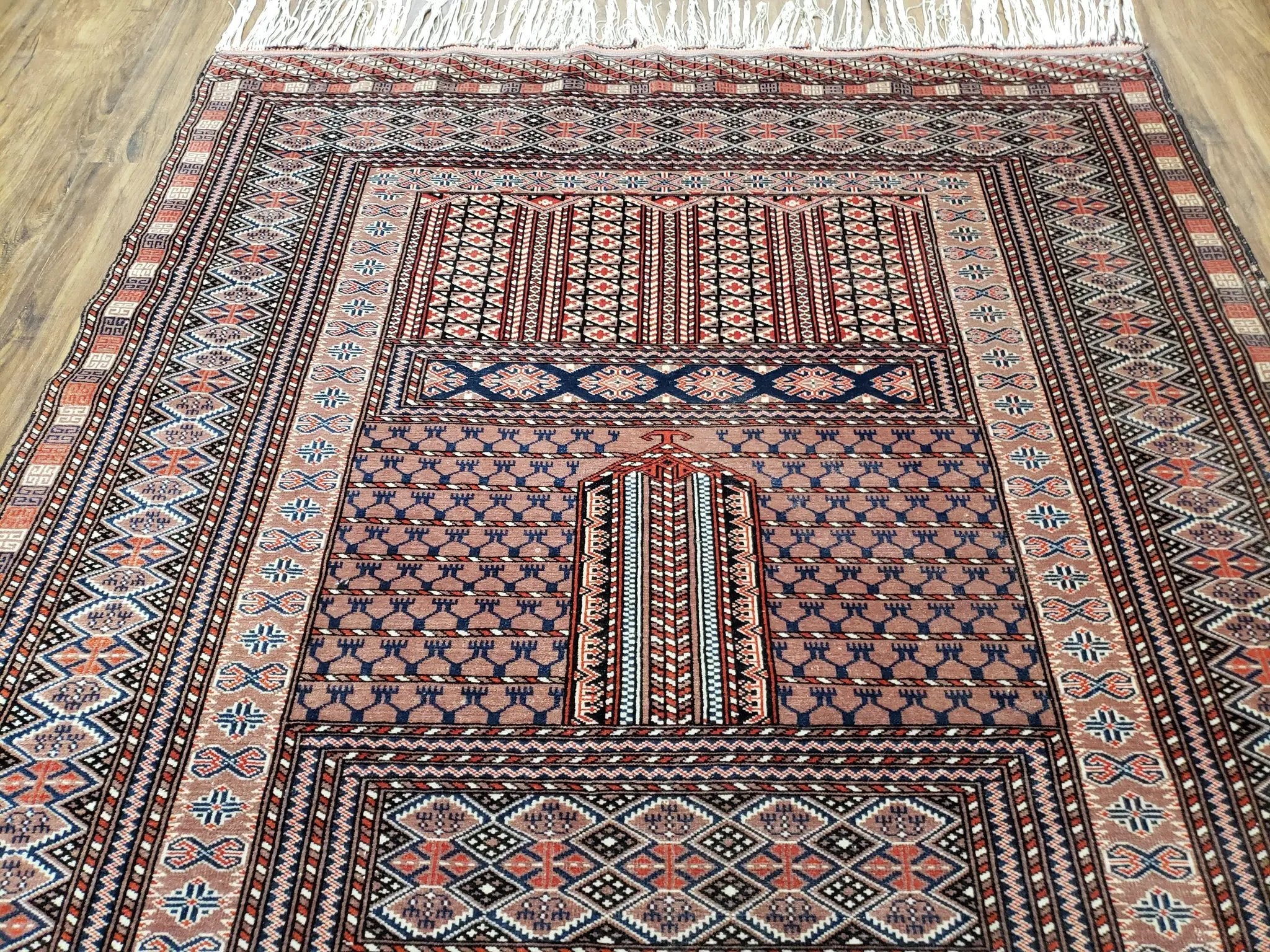 Vintage Turkoman Bokhara Rug 4x6, Four Seasons Pakistan Bukhara Turkmen Engsi Yamud Carpet, Fine Tribal Rug, Wool, Hand-Knotted, Brown, Nice by Jewel Rugs