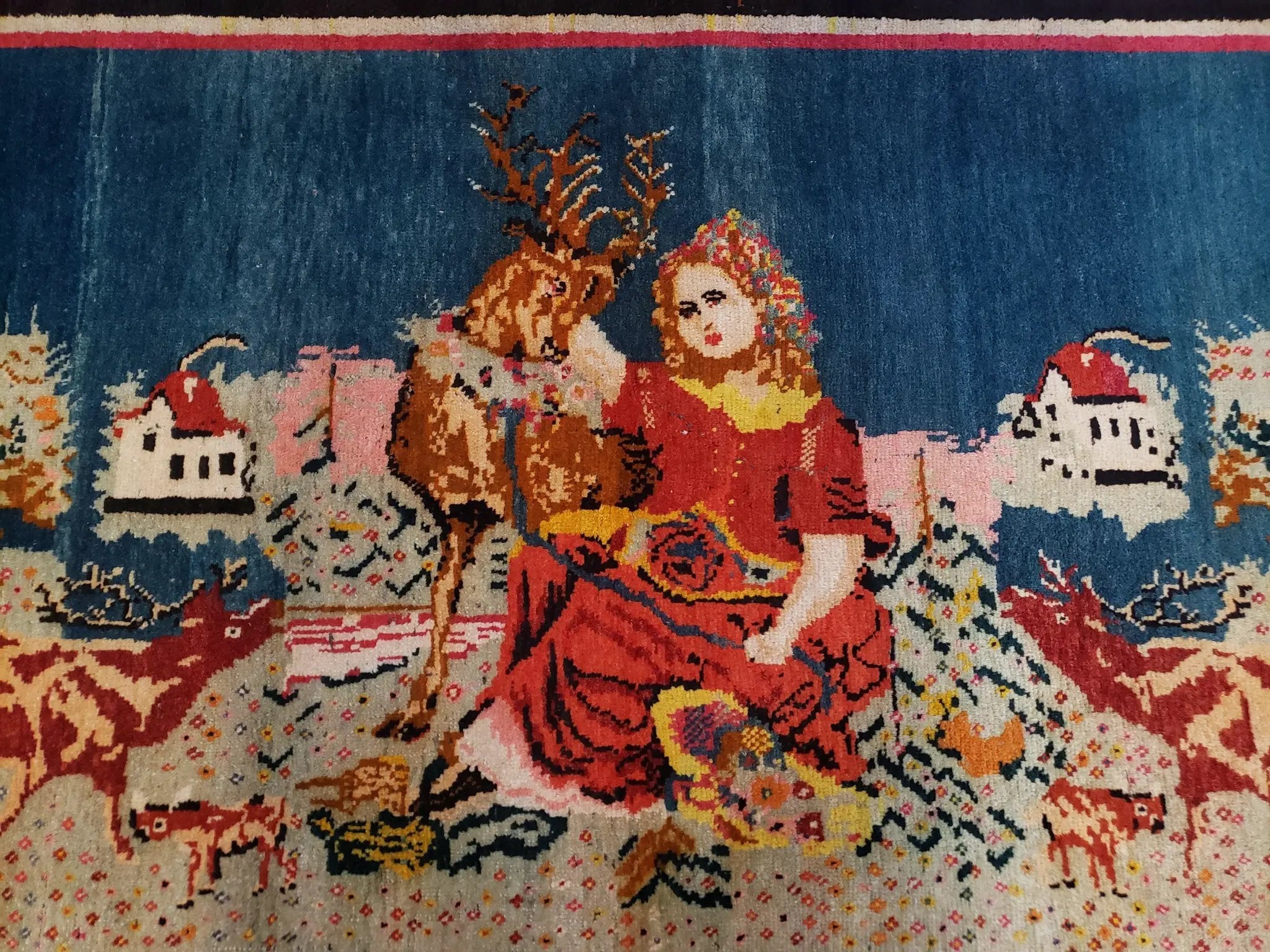 Antique Persian Pictorial Rug 4'6" x 9', Wool Hand-Knotted Blue Roses Karabagh Caucasian Carpet, 1920s Girl Deer Tapestry Wall Hanging Rug by Jewel Rugs