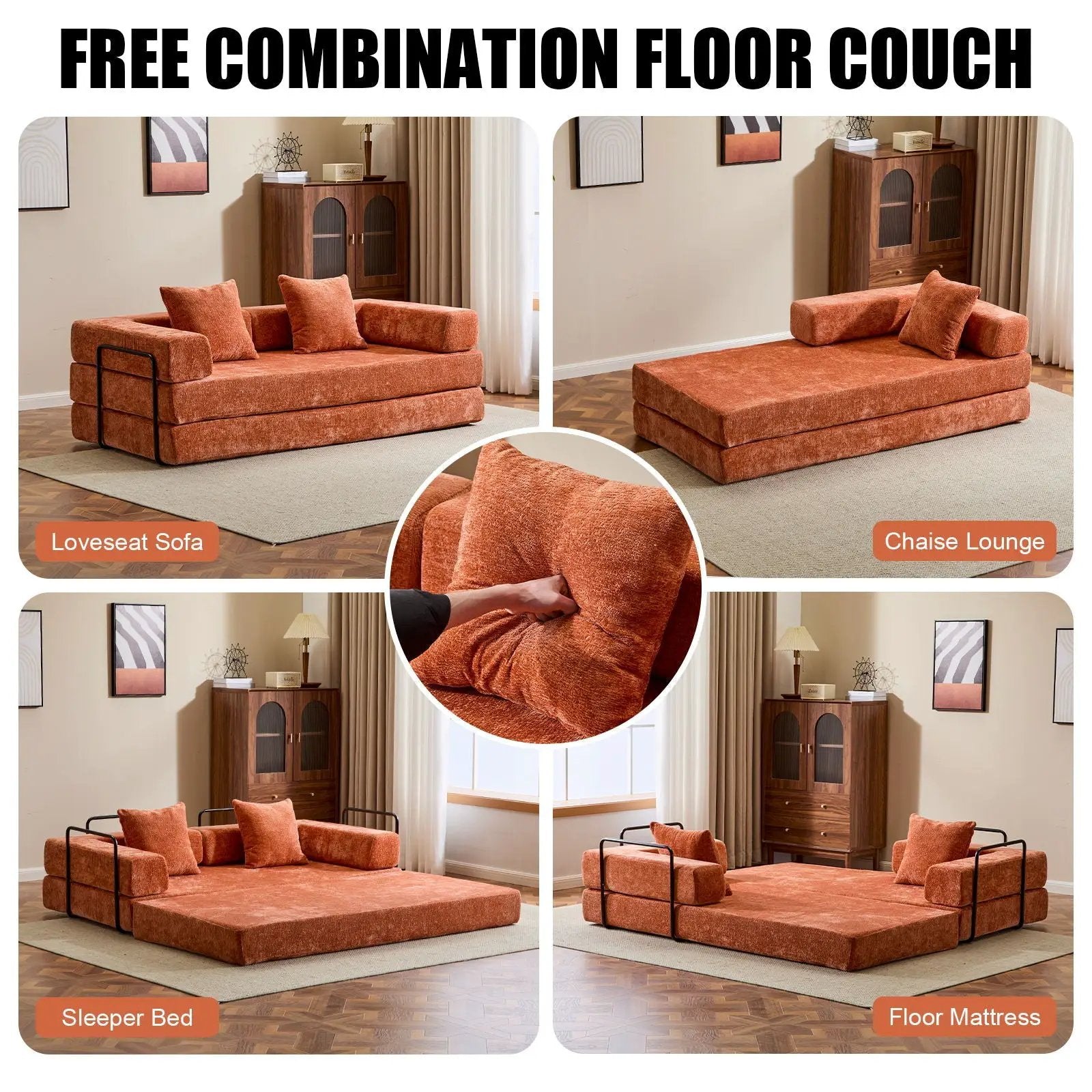 Convertible Floor Sofa Bed With Pillow Back Support Armrest by Unique Piece Furniture