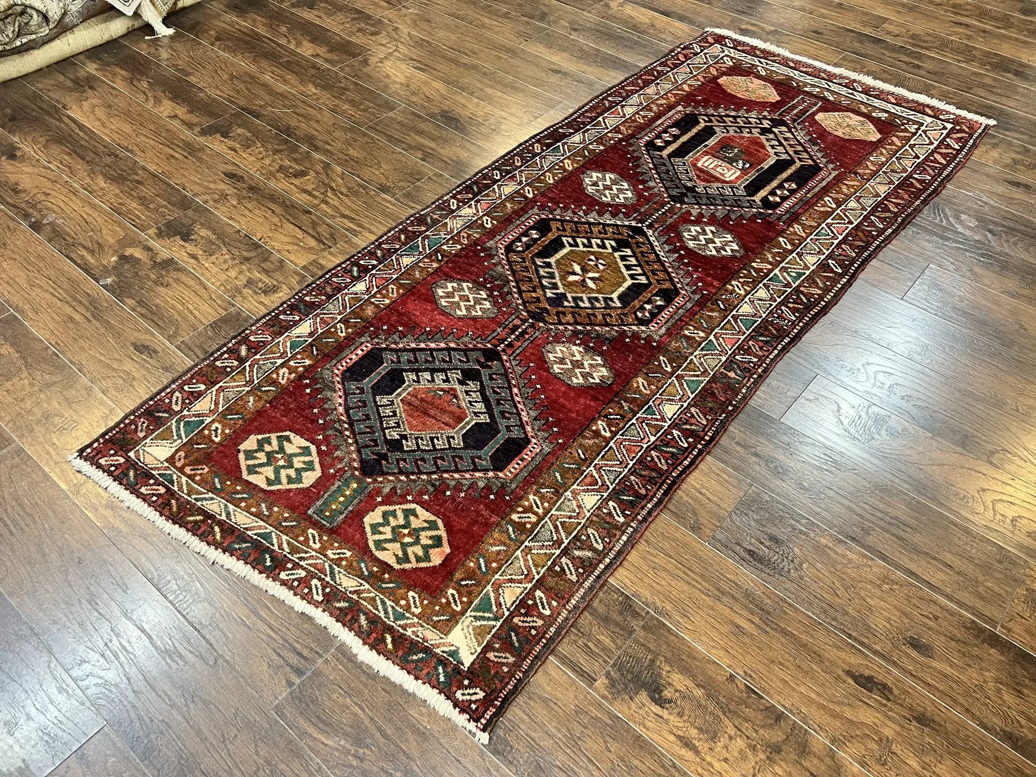 Persian Heriz Runner Rug 3.8 x 8.6, Geometric Design, Large Triple Medallions, Hand Knotted Handmade Vintage Wool Hallway Rug, Red by Jewel Rugs