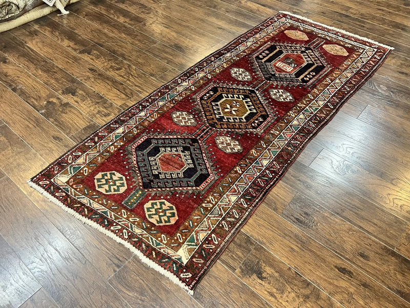 Persian Heriz Runner Rug 3.8 x 8.6, Geometric Design, Large Triple Medallions, Hand Knotted Handmade Vintage Wool Hallway Rug, Red by Jewel Rugs