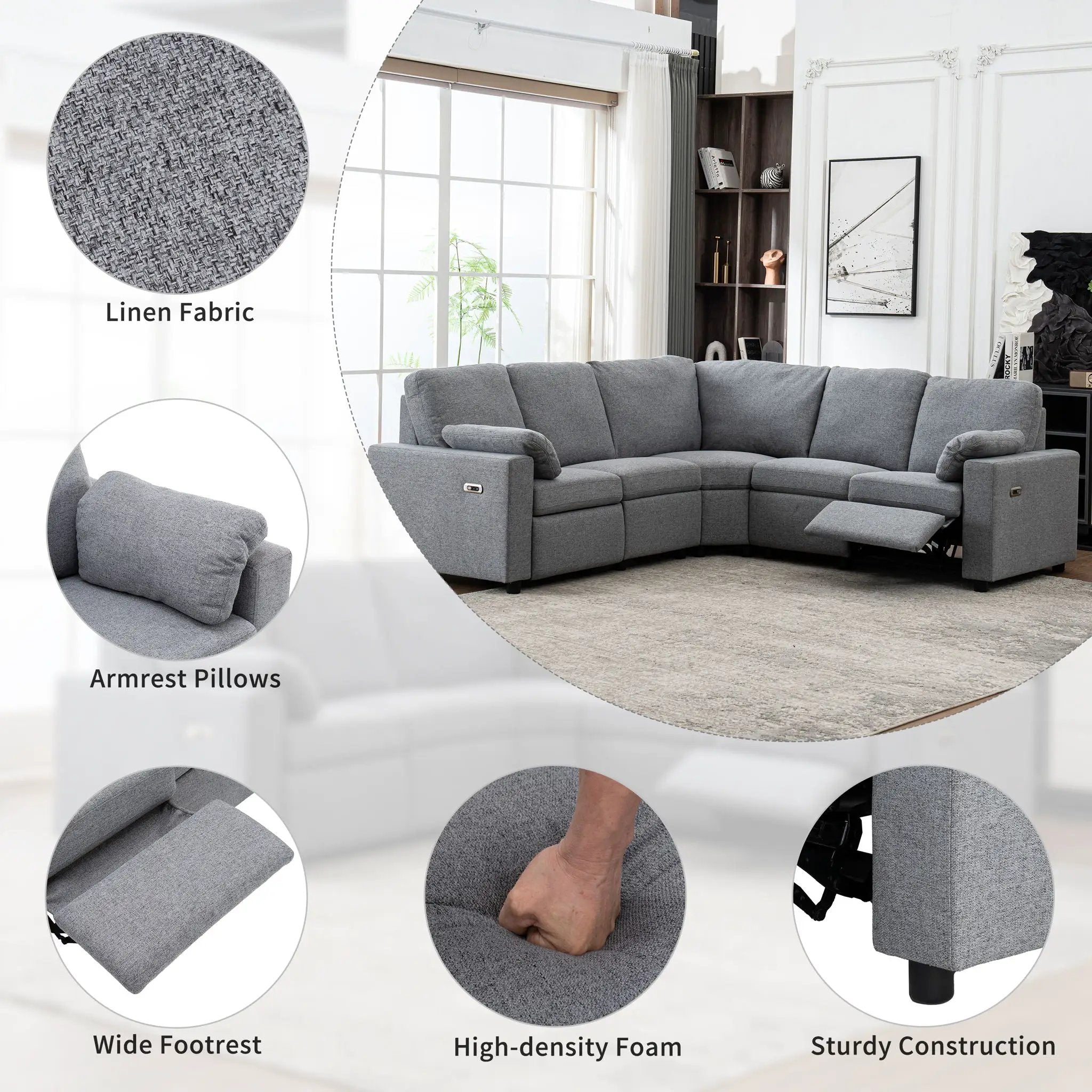 Power Recliner Sectional Sofa Home Theater Reclining Sofa With Two USB Ports, Two Storage Drawers For Living Room by Unique Piece Furniture