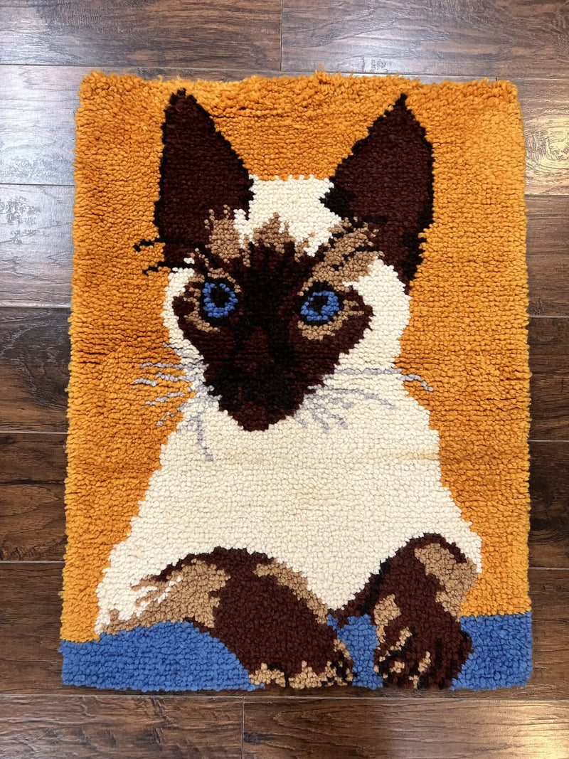 Small Shag Rug with Siamese Cat Pictorial, 2x3 ft Rug, Wool, Vintage, Danish Rya Shag Rug, Orange by Jewel Rugs