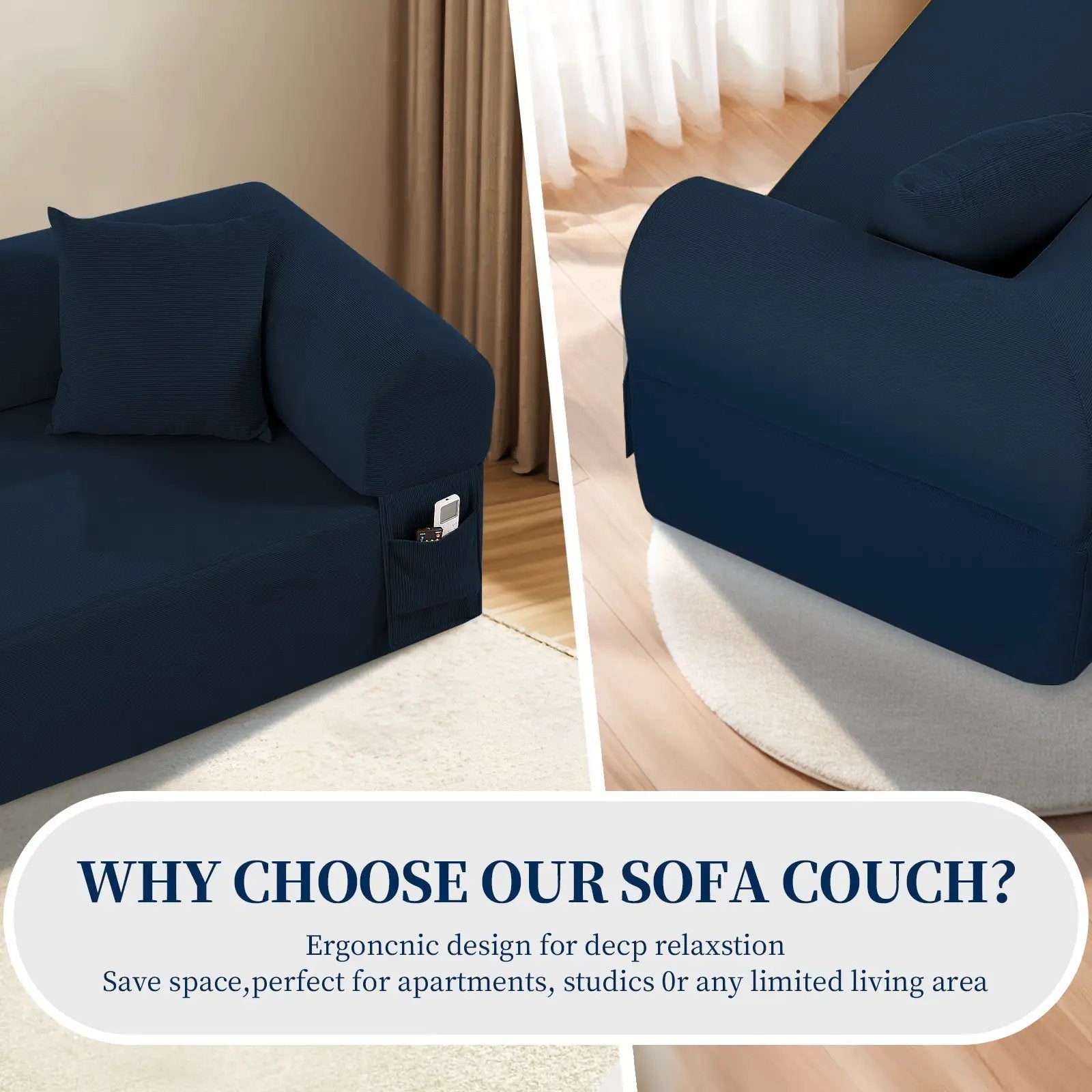 Spring Sofa with High-Quality Fabric, Pillows & Storage in Blue by HouseOfZazla