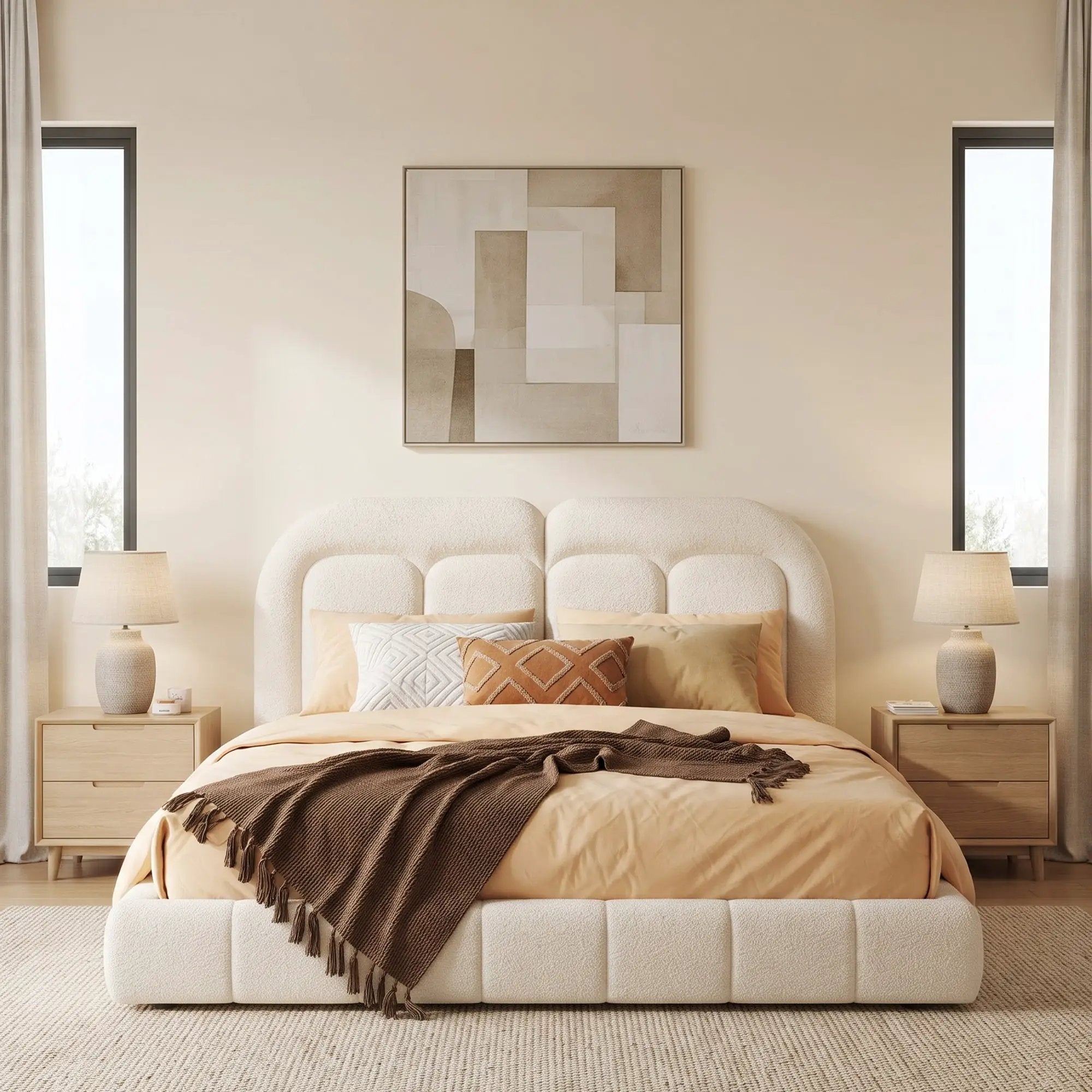 Queen Size Boucle Upholstered Platform Bed with Tufted Headboard by HouseOfZazla