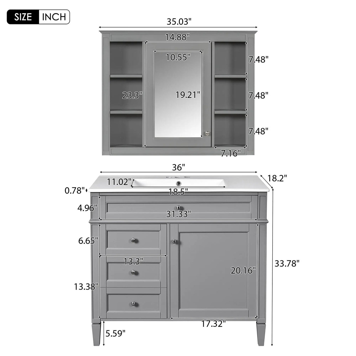 Bathroom Vanity With Mirror Cabinet, Single Sink With 2 Soft Closing Doors And 4 Drawers by Unique Piece Furniture