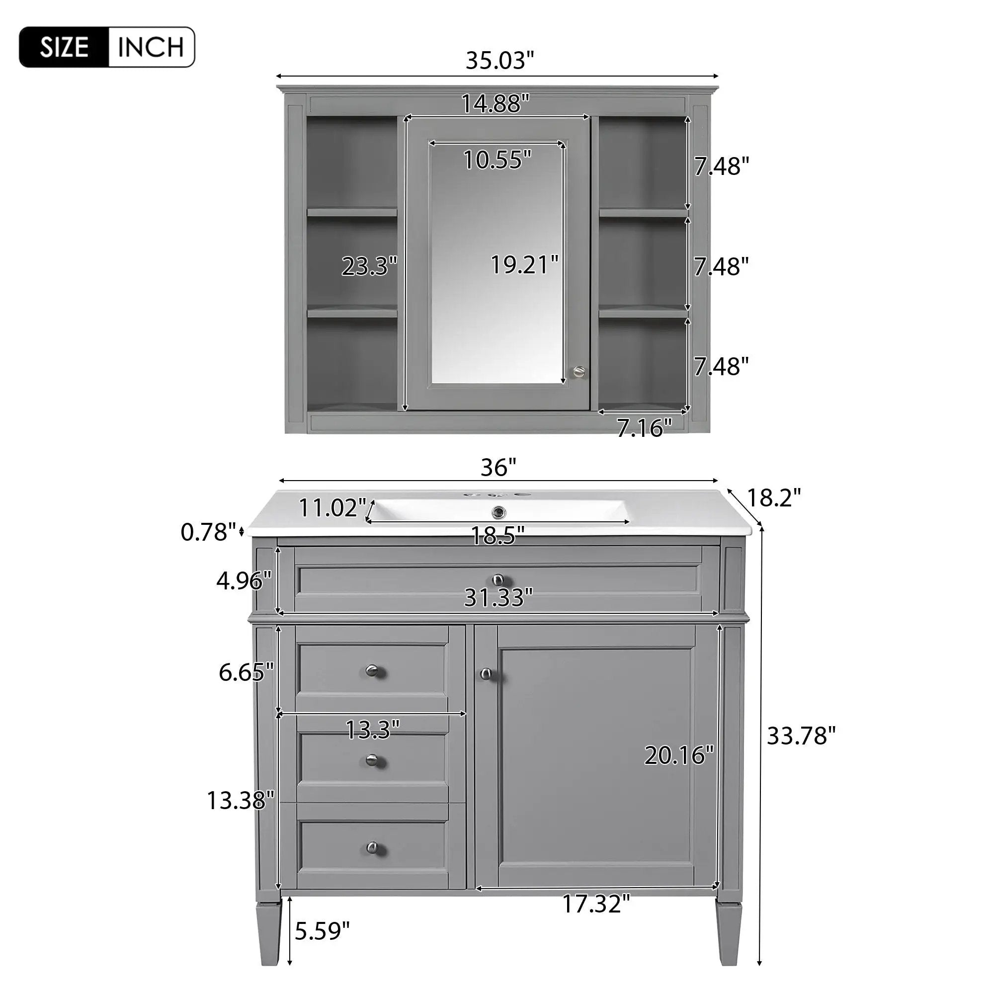 Bathroom Vanity With Mirror Cabinet, Single Sink With 2 Soft Closing Doors And 4 Drawers by Unique Piece Furniture