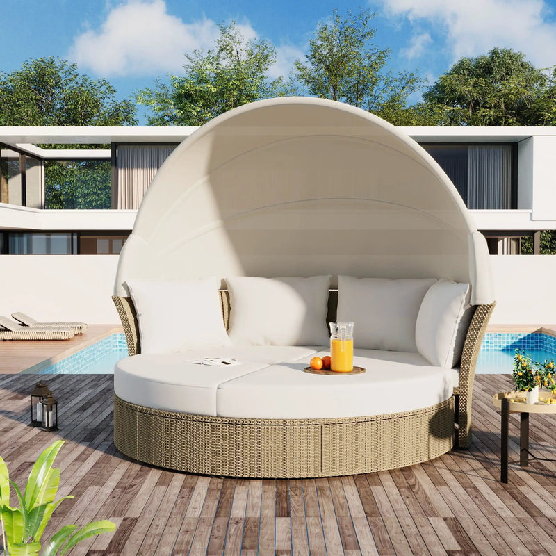 Outdoor Patio Daybed Wicker Rattan Double Daybed Round Sofa Furniture Set With Retractable Canopy, 4 Pillows For Lawn Garden by Unique Piece Furniture