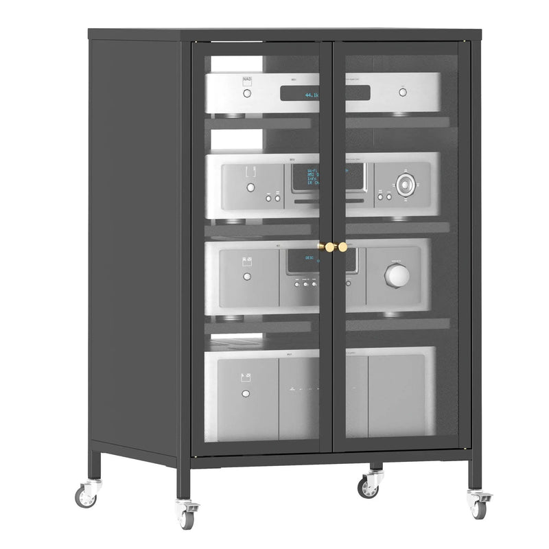 Media Storage Cabinet With Wheels, 4 Adjustable Glass Shelves & Door, Heavy-Duty - Black by HouseOfZazla