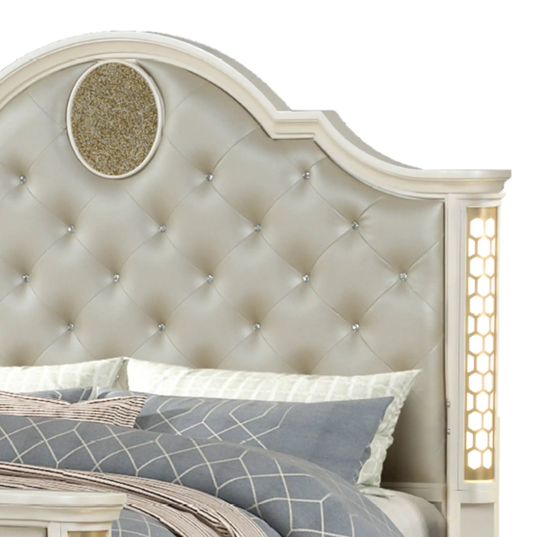 Jasmine - Queen Size Tufted Upholstery & LED Bed - Beige by HouseOfZazla