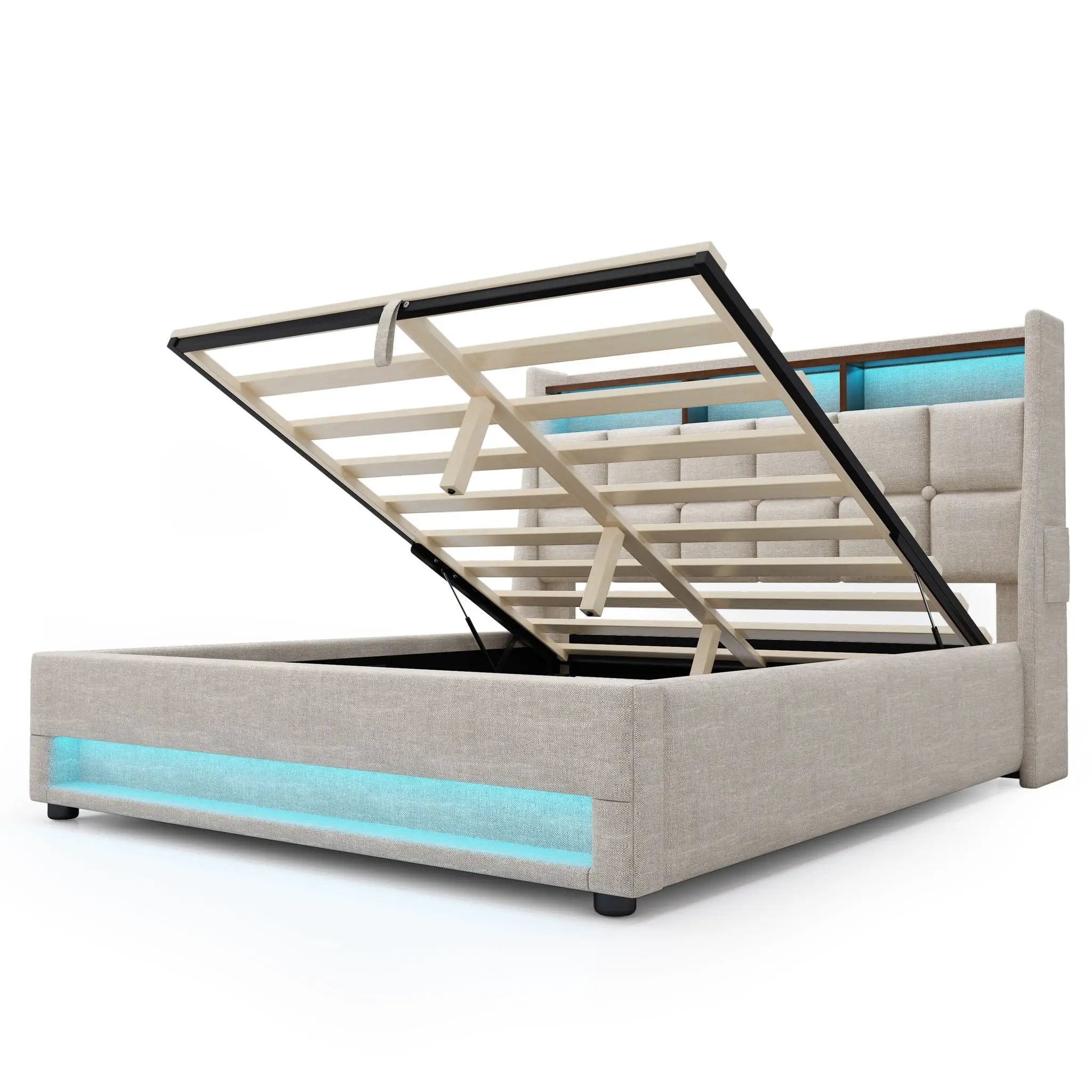 Platform Bed With Hydraulic Storage, LED Lighting & Charging Station by HouseOfZazla