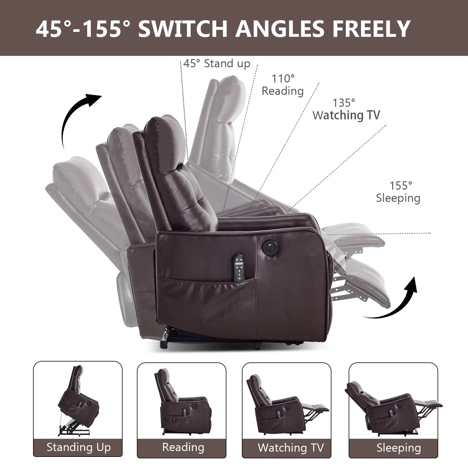 Brown PU Single Motor Power Lift Recliner Chair with Massage & Heat by HouseOfZazla