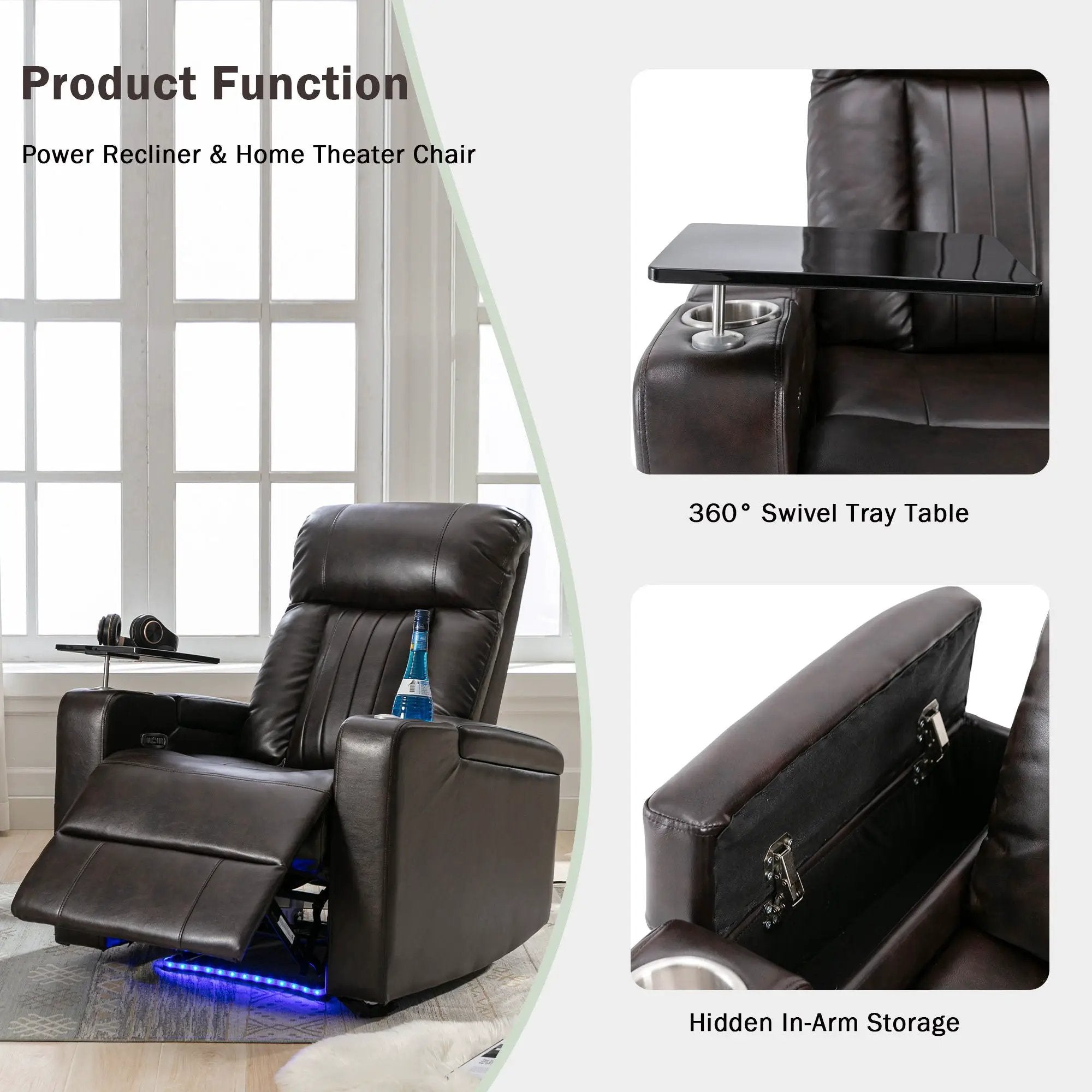 Power Recliner With Storage Arms, Cupholders, Swivel Tray Table And Cell Phone Stand - Brown by HouseOfZazla